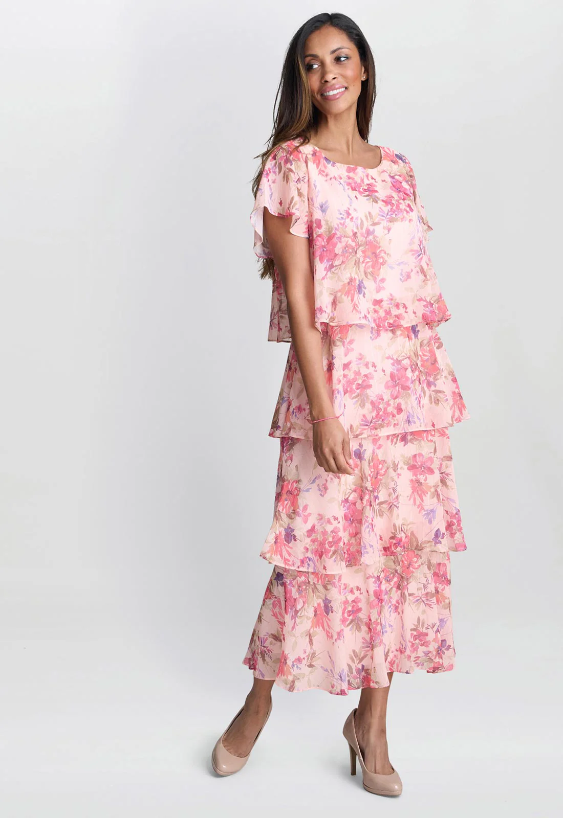 Gina Bacconi Peach Essie Midi Length Printed Tier Dress - Image 3