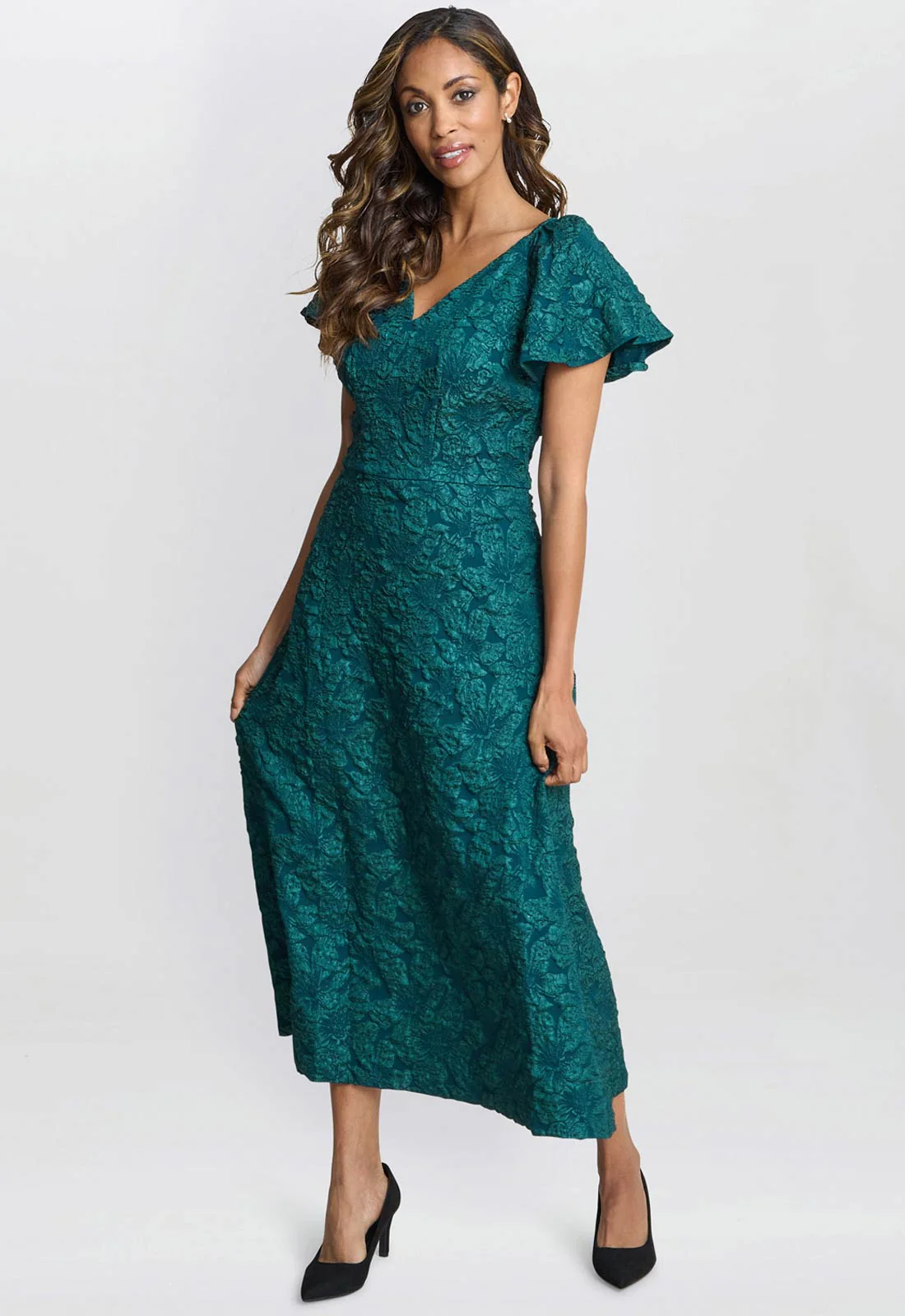 Gina Bacconi Forest Green Claudina Midi A-Line Jacquard Dress - Image 2