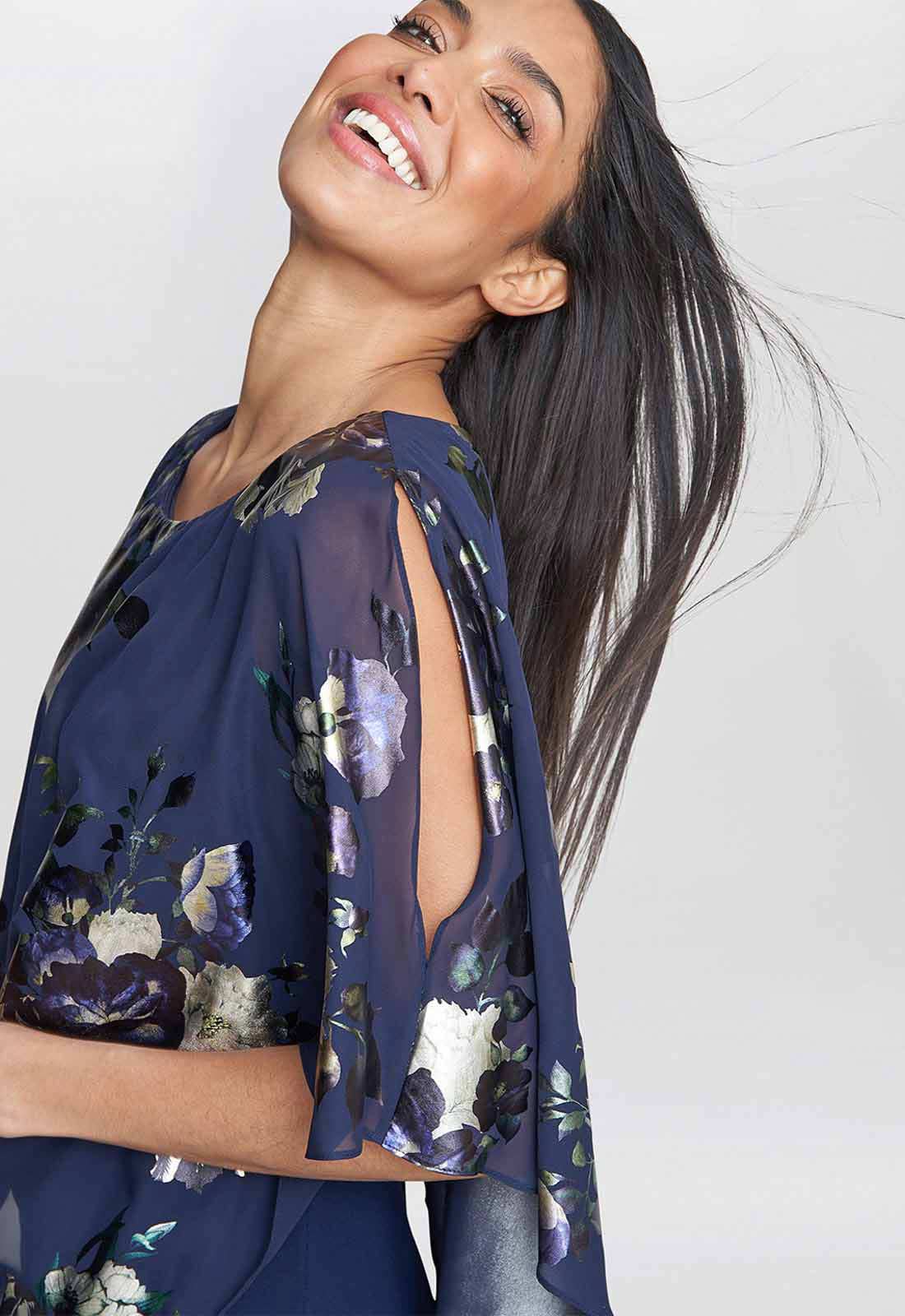 Gina Bacconi Blue Gaby Floral Printed Asymmetric Dress - Image 4