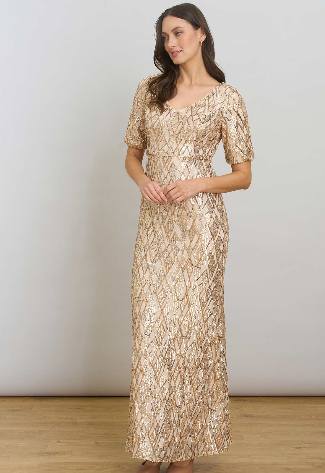 Gina Bacconi Gold Pat Sequin Maxi Dress - Image 2