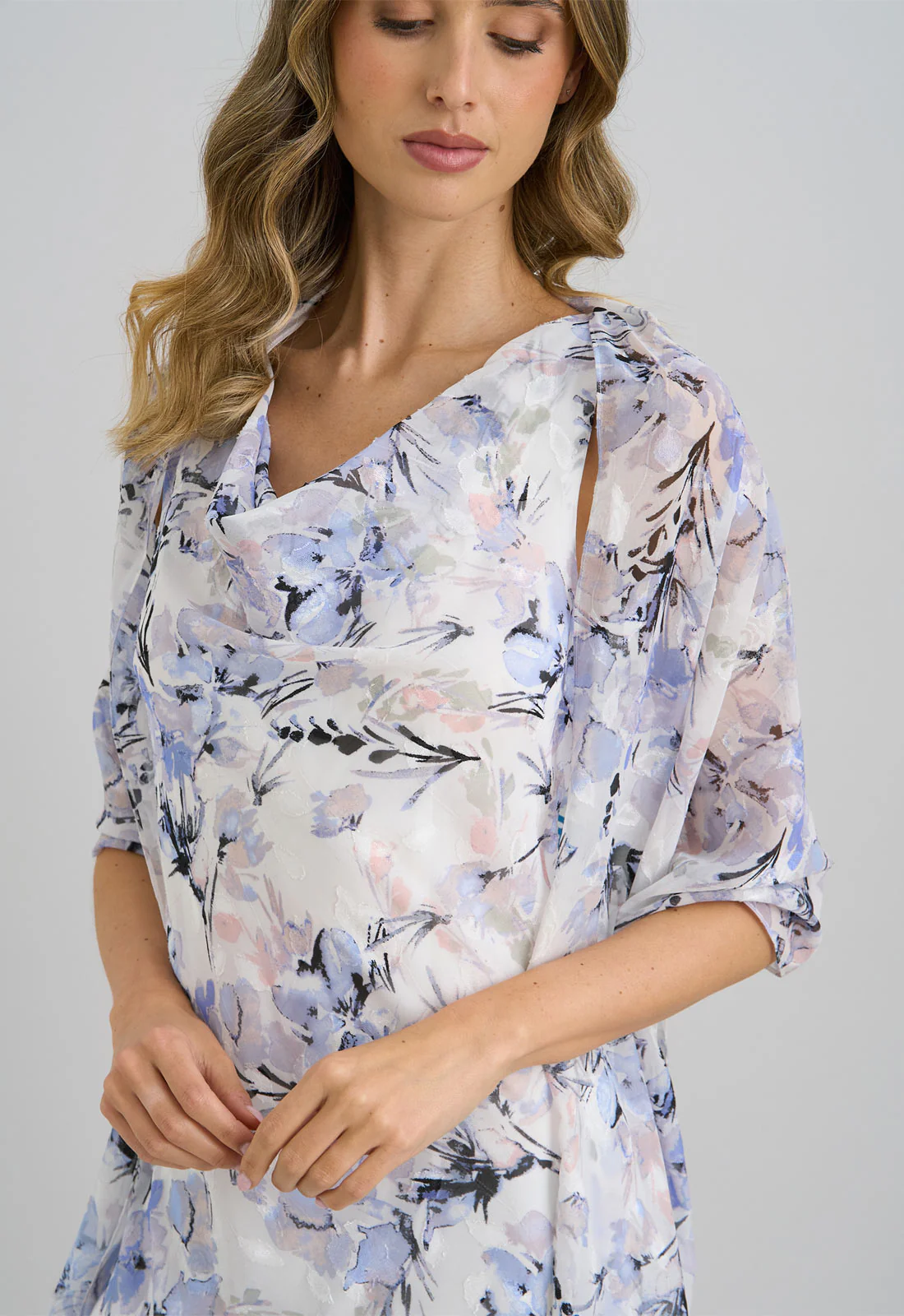 Gina Bacconi Ivory Yana Floral Printed Cowl Midi Dress & Scarf - Image 2