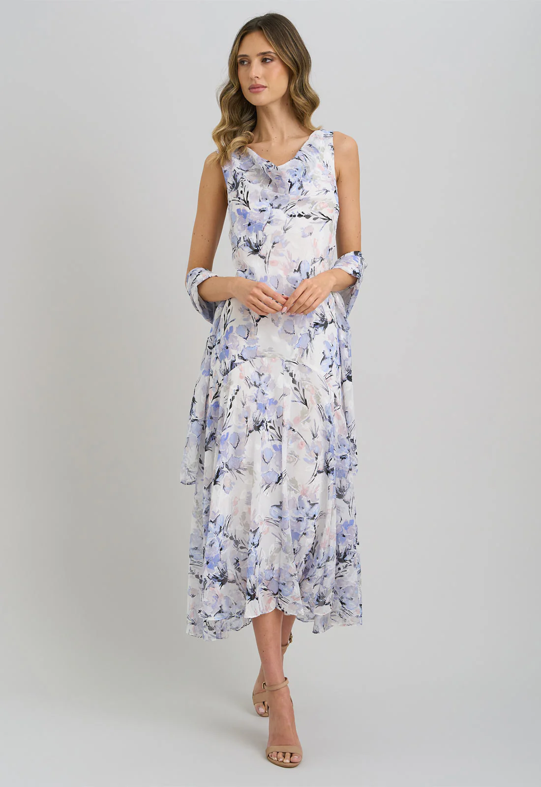 Gina Bacconi Ivory Yana Floral Printed Cowl Midi Dress & Scarf - Image 3