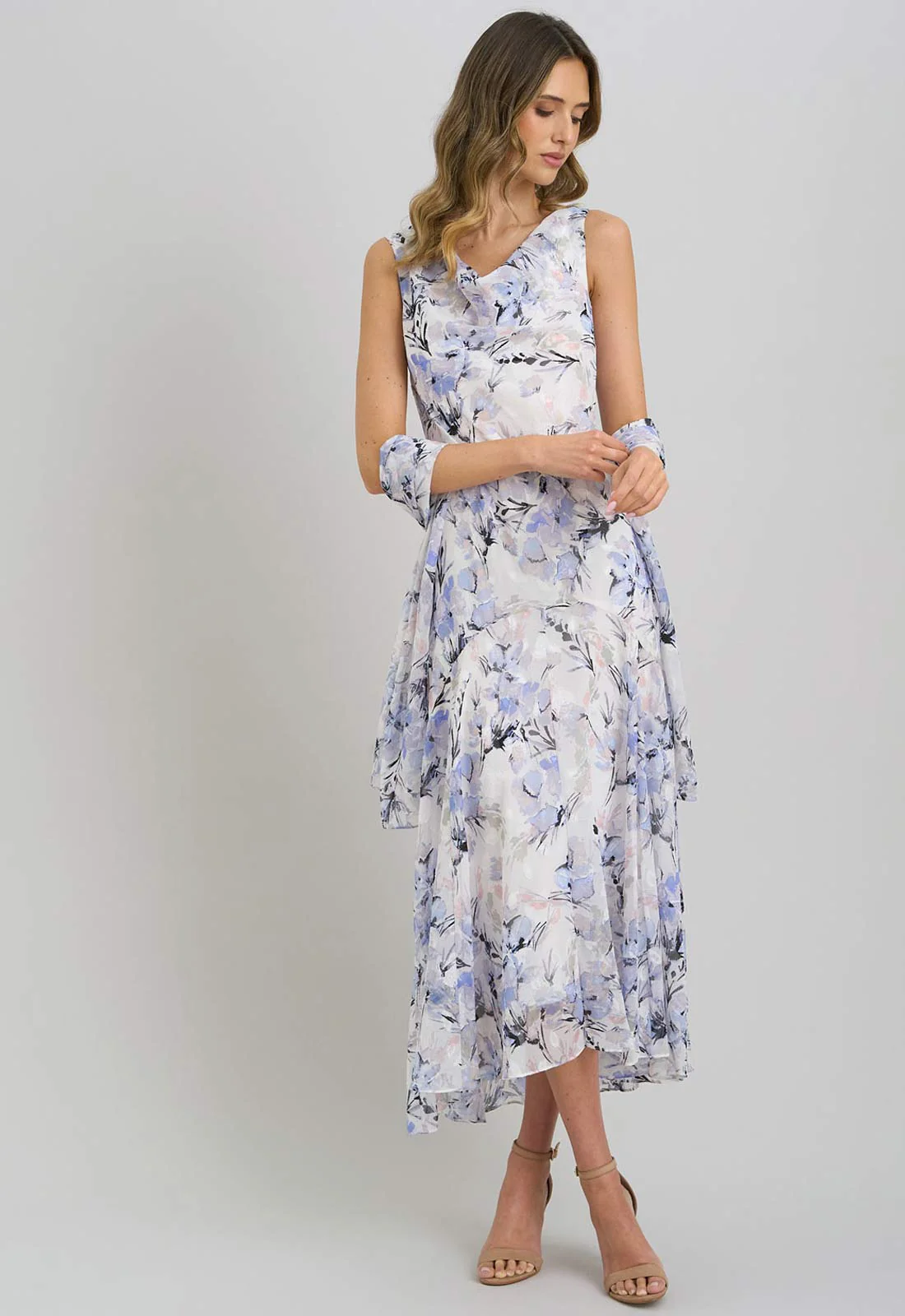 Gina Bacconi Ivory Yana Floral Printed Cowl Midi Dress & Scarf - Image 8