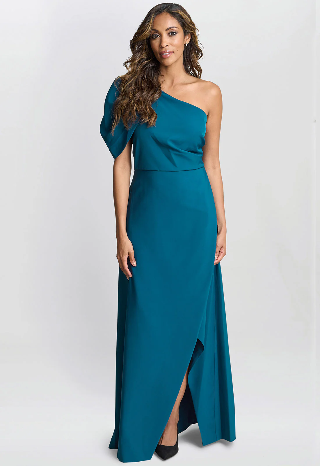 Gina Bacconi Teal Tori One Shoulder Stretch Crepe Maxi Dress