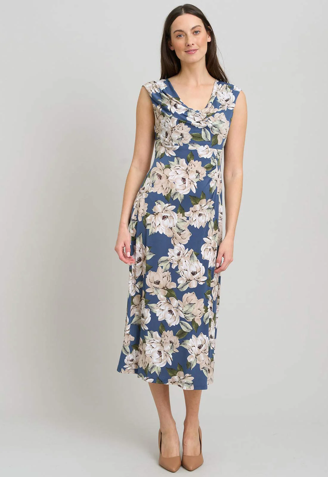 Gina Bacconi Multi Presley Cowl Neck Floral Midi Dress
