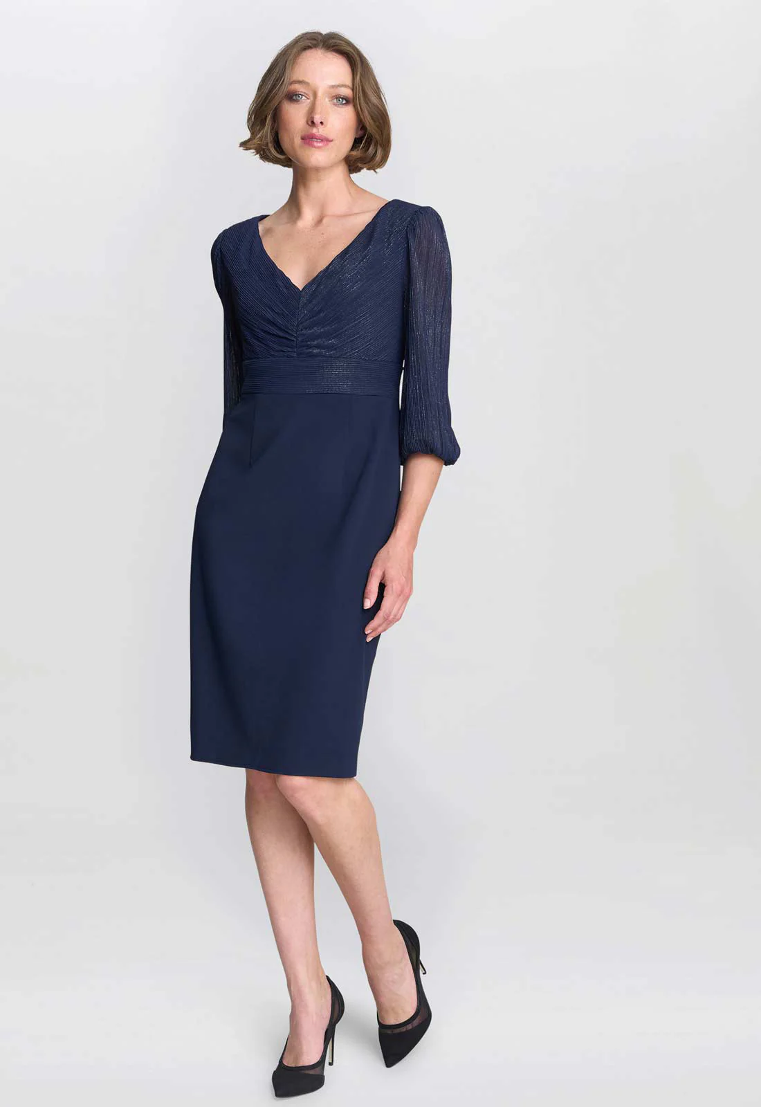 Gina Bacconi Navy Britney Metallic Pleated Bodic Dress - Image 2