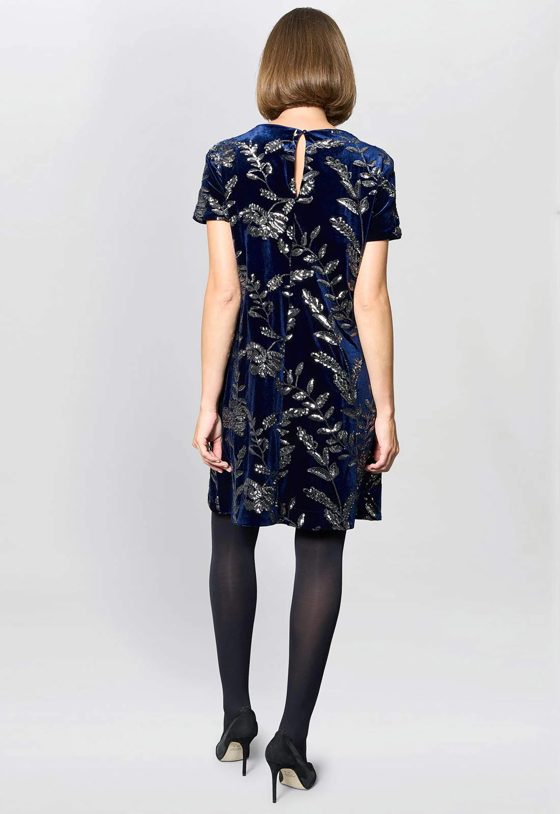 Gina Bacconi Navy Cleopatra Embroidered Velvet Dress - Image 3