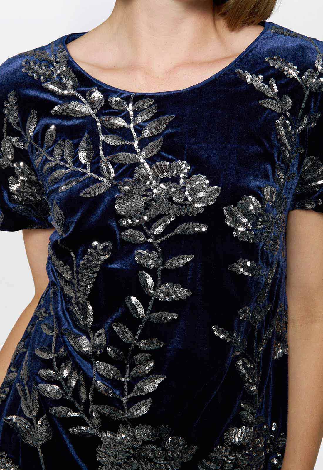 Gina Bacconi Navy Cleopatra Embroidered Velvet Dress - Image 5