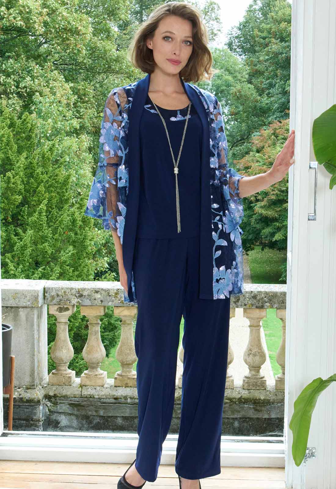 Gina Bacconi Navy Dorris Three Piece Trouser Suit With Embroidered Jacket - Image 2