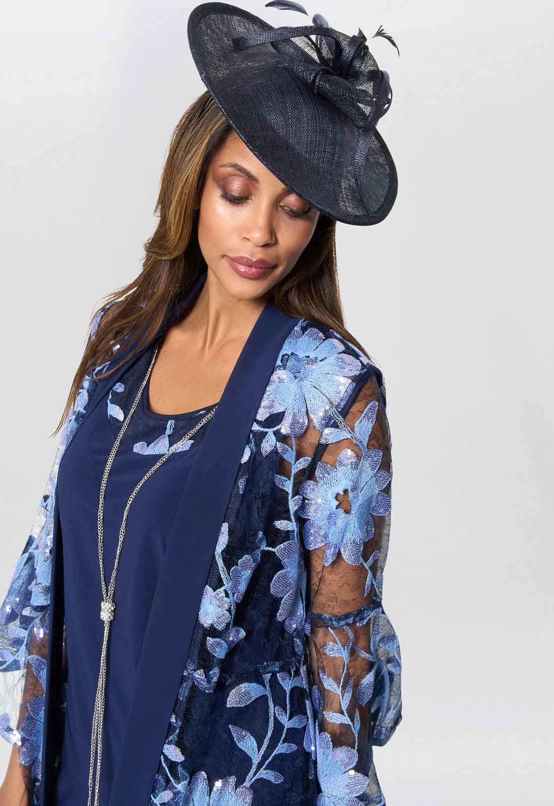 Gina Bacconi Navy Dorris Three Piece Trouser Suit With Embroidered Jacket - Image 3