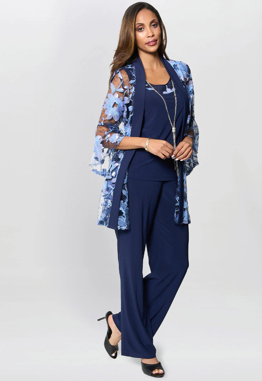Gina Bacconi Navy Dorris Three Piece Trouser Suit With Embroidered Jacket - Image 6