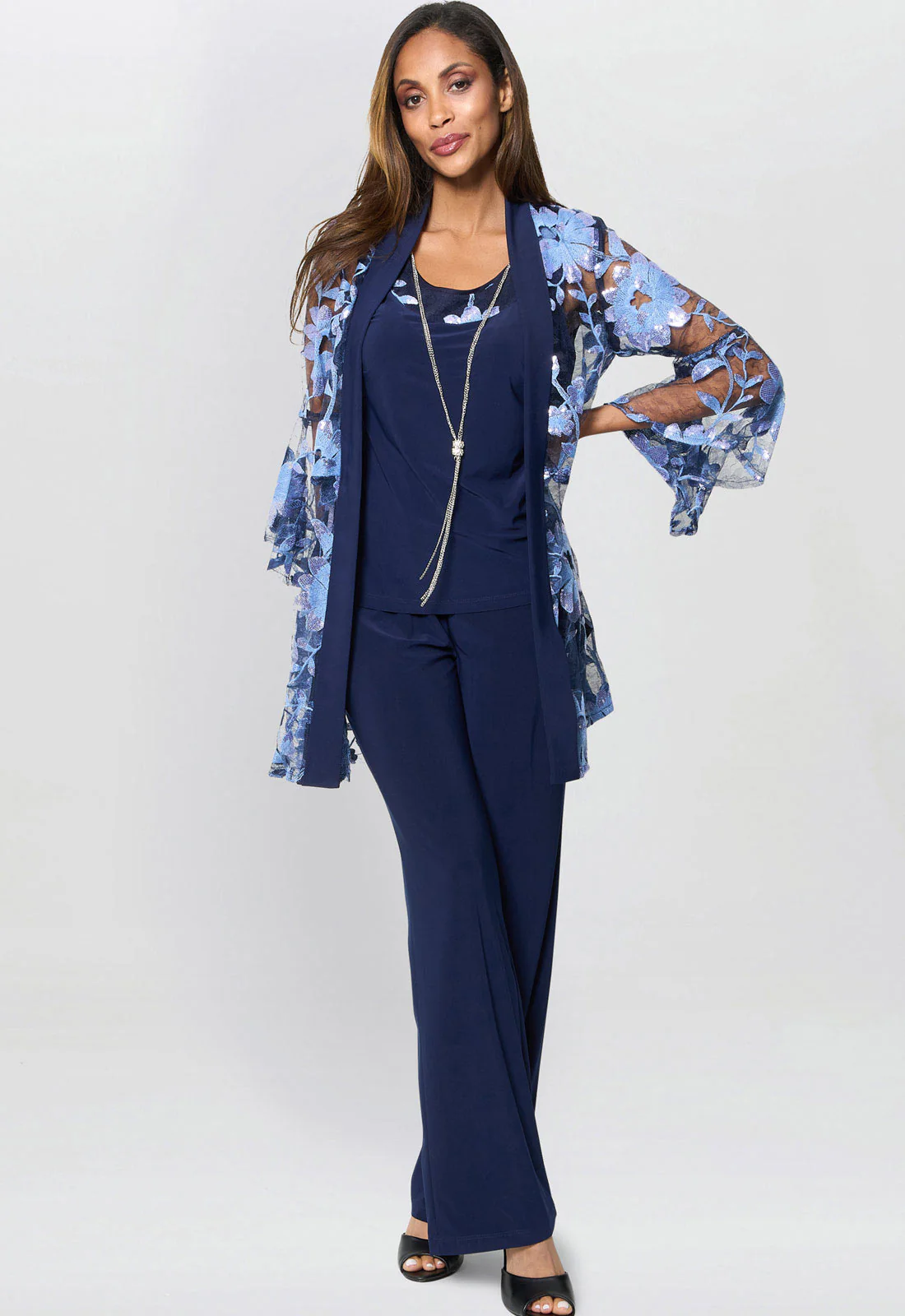 Gina Bacconi Navy Dorris Three Piece Trouser Suit With Embroidered Jacket - Image 9
