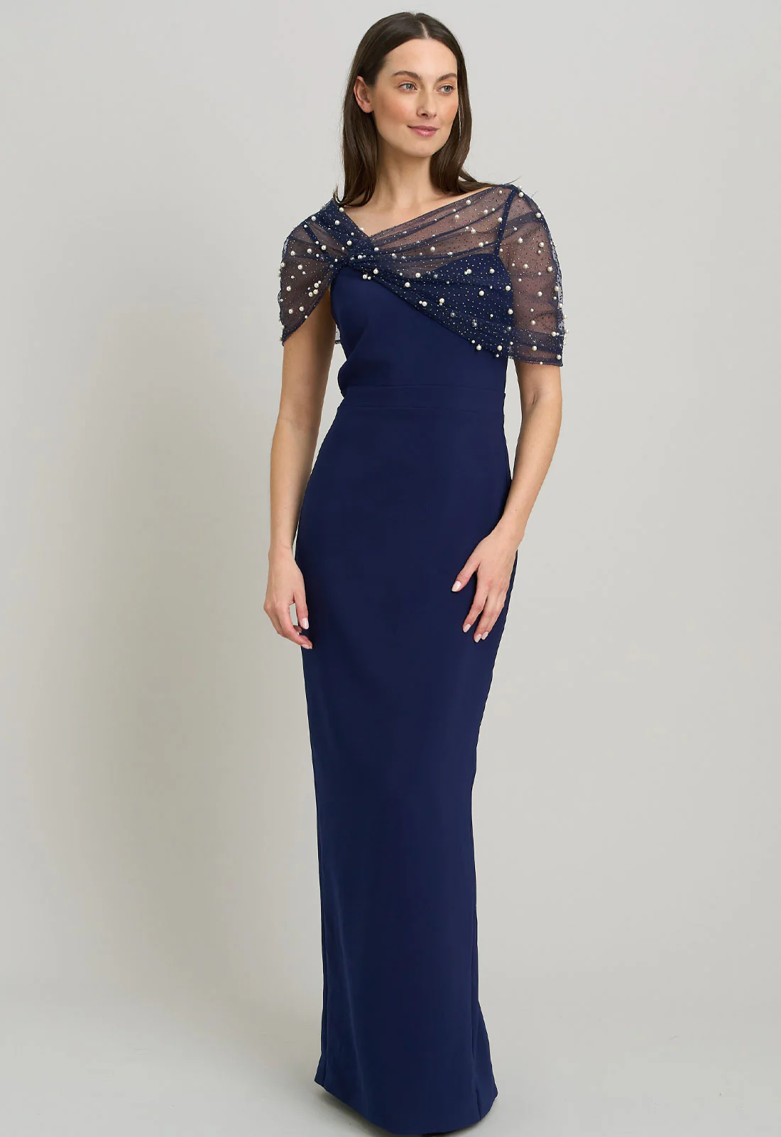 Gina Bacconi NAVY Irma Asymmetrical Neckline Maxi Dress