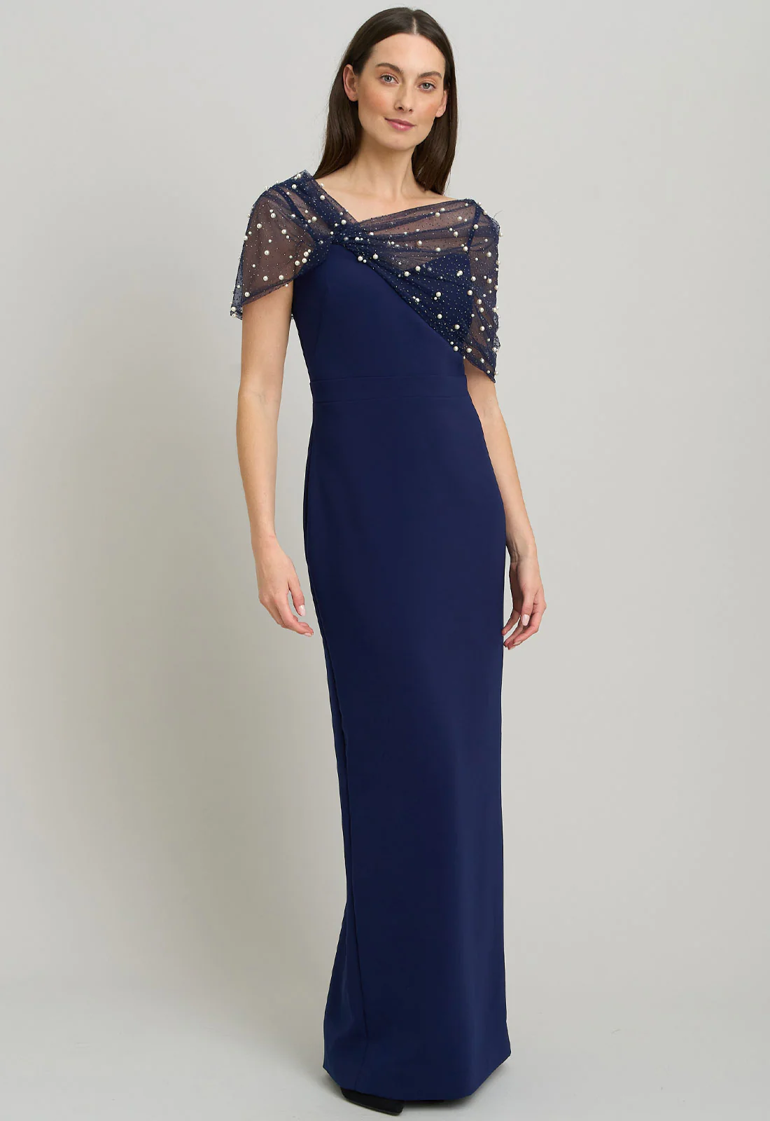 Gina Bacconi NAVY Irma Asymmetrical Neckline Maxi Dress - Image 3