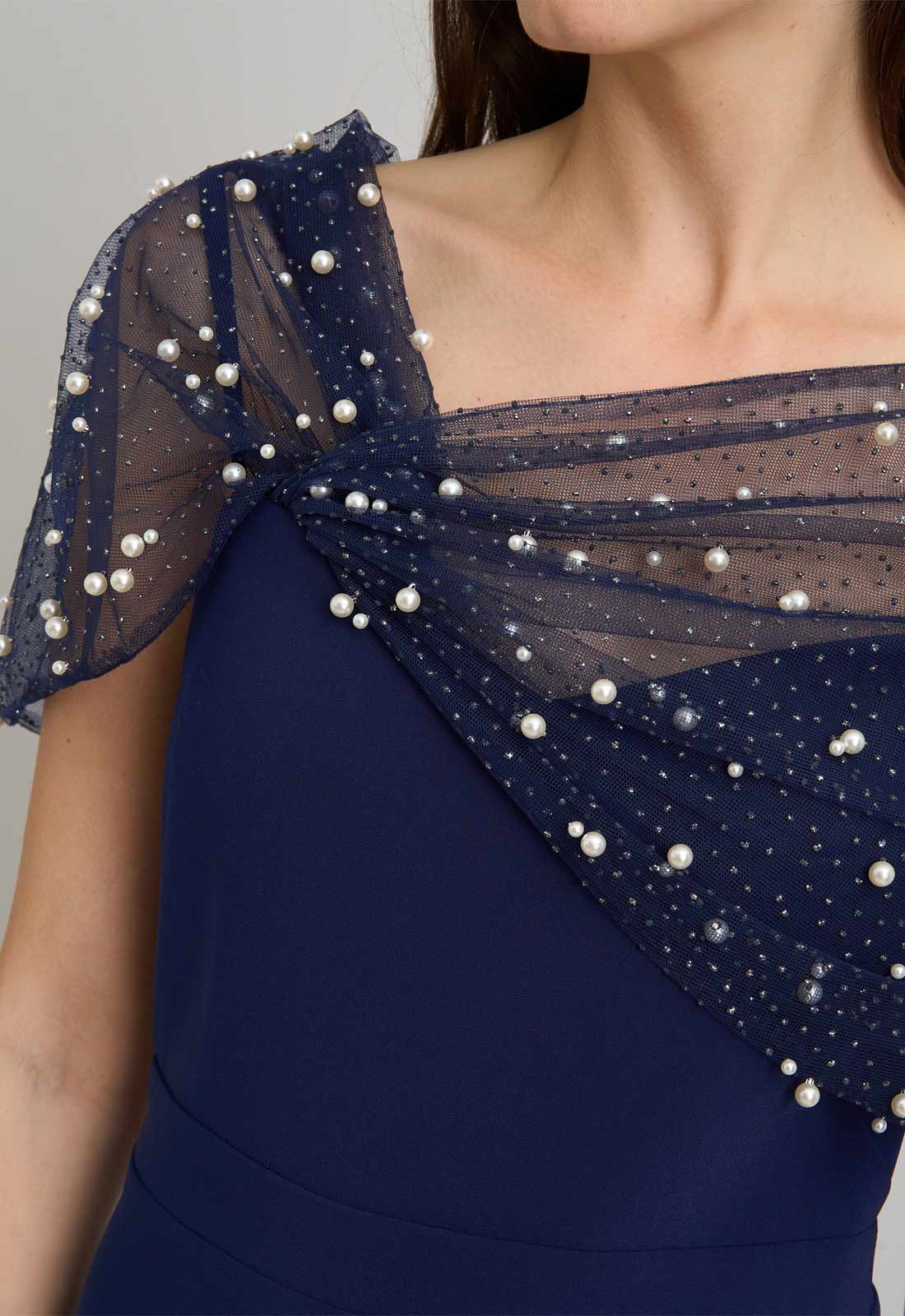 Gina Bacconi NAVY Irma Asymmetrical Neckline Maxi Dress - Image 4