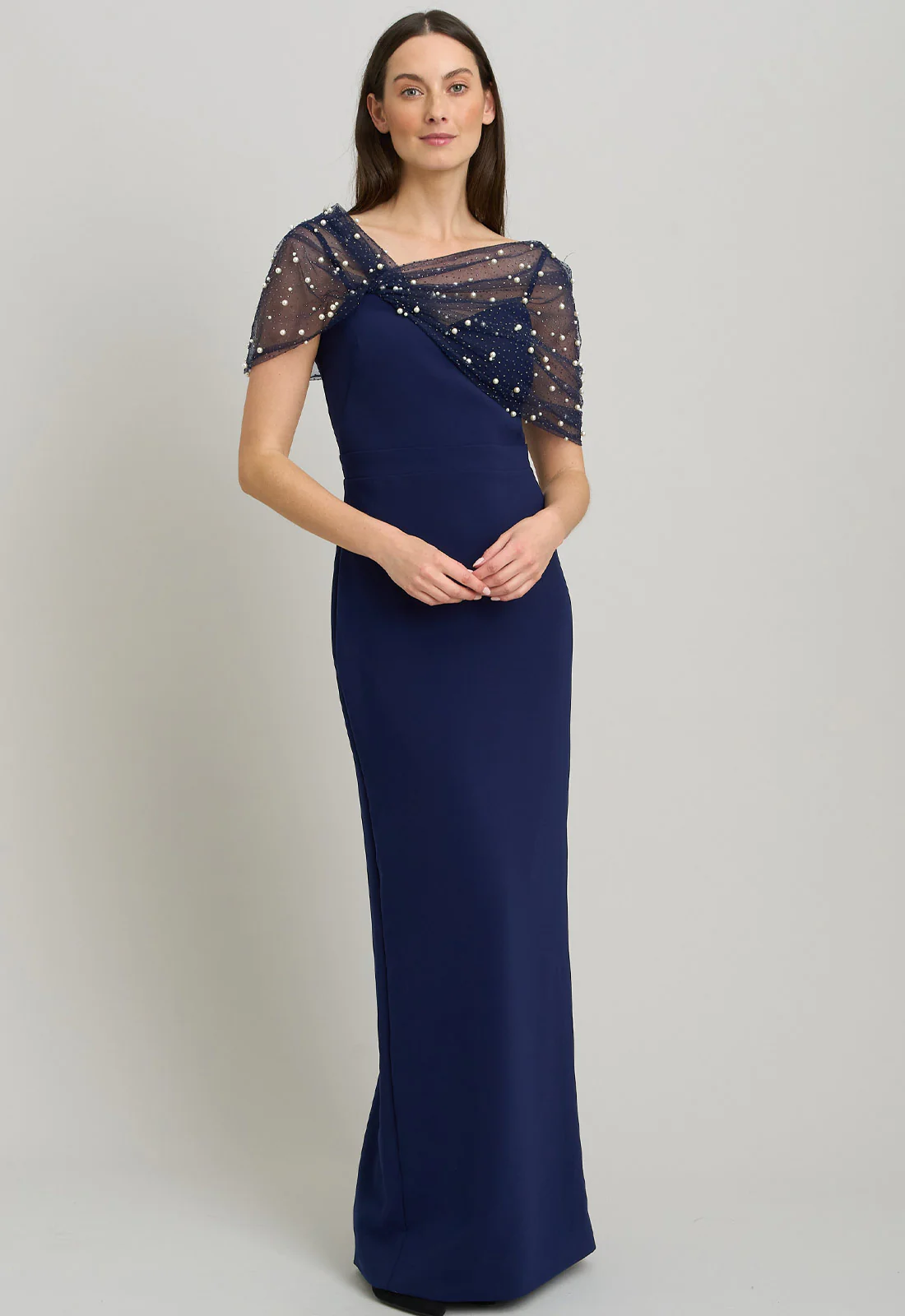 Gina Bacconi NAVY Irma Asymmetrical Neckline Maxi Dress - Image 5