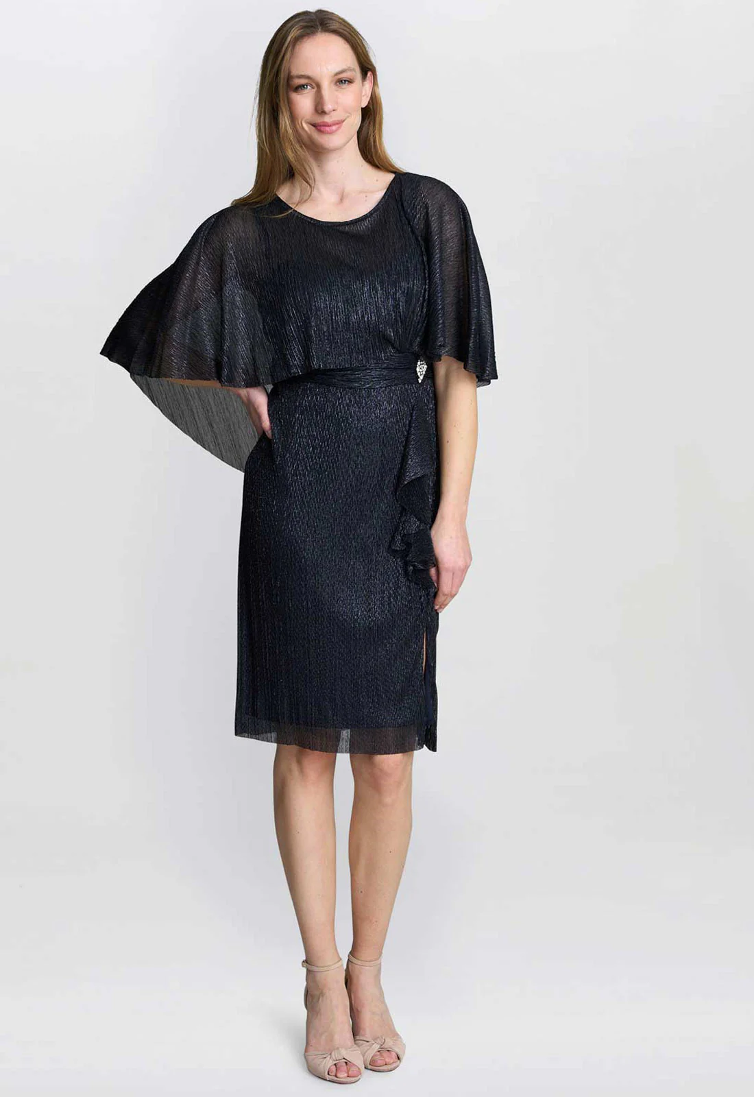 Gina Bacconi Navy Sonya Pleated Dress With Brooch - Image 3