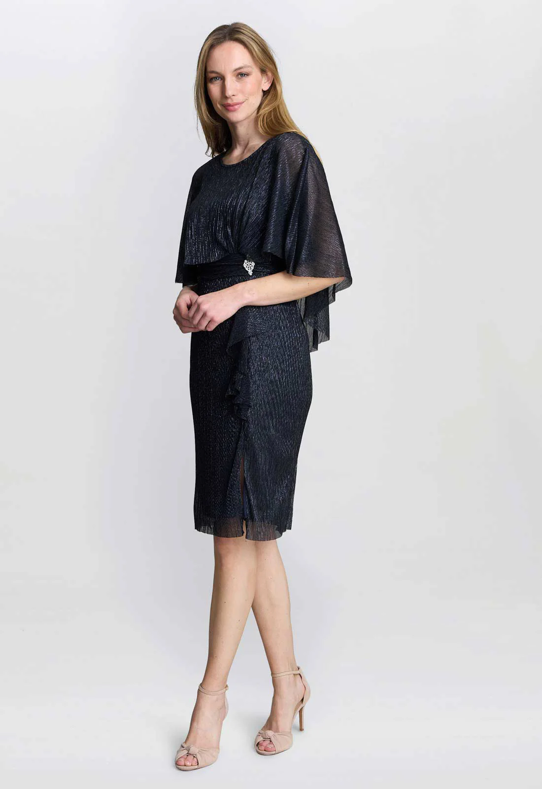Gina Bacconi Navy Sonya Pleated Dress With Brooch - Image 5