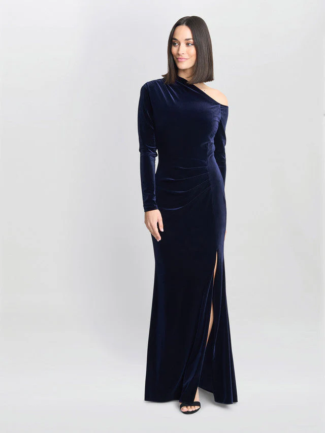 Gina Bacconi Navy Tess Velvet Off Shoulder Dress - Image 6