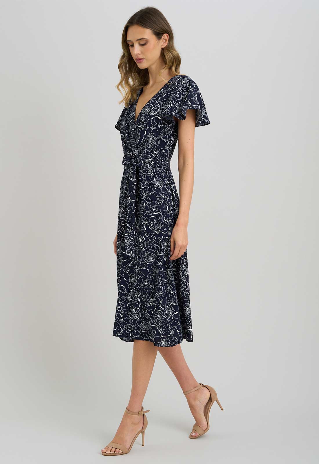 Gina Bacconi NAVY / WHITE Persia Faux Wrap Flutter Sleeve Dress