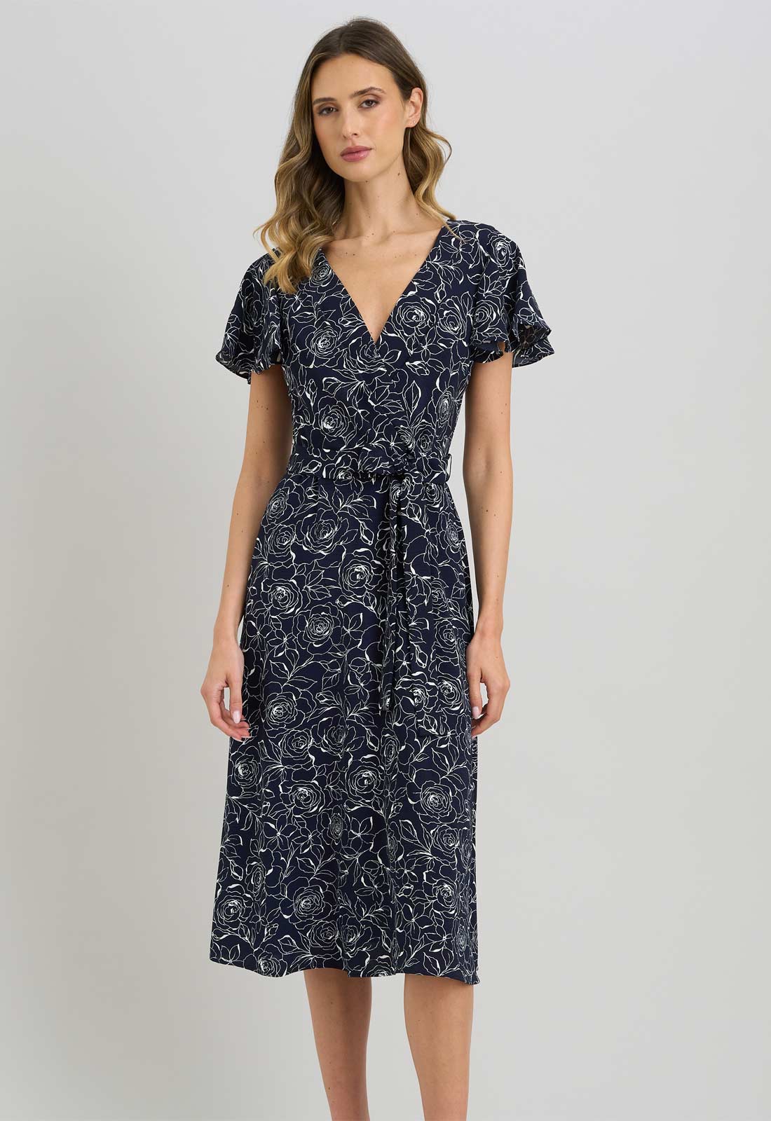 Gina Bacconi NAVY / WHITE Persia Faux Wrap Flutter Sleeve Dress - Image 2