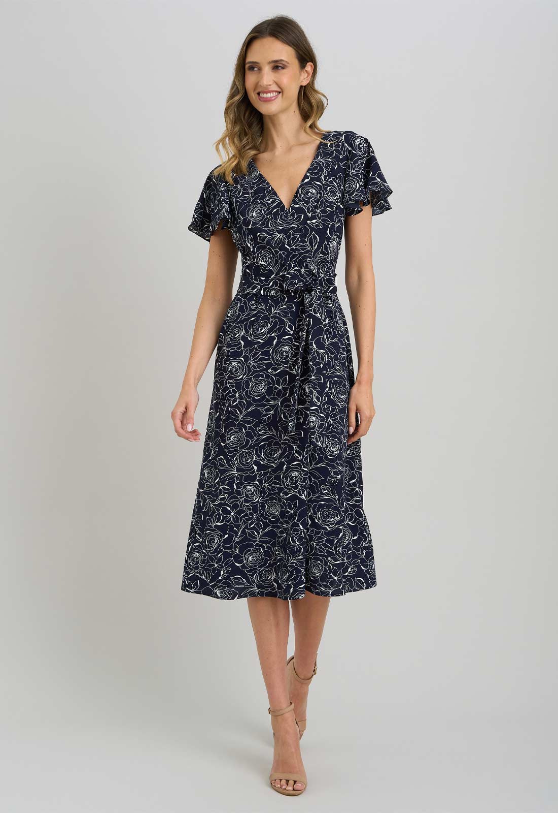 Gina Bacconi NAVY / WHITE Persia Faux Wrap Flutter Sleeve Dress - Image 4