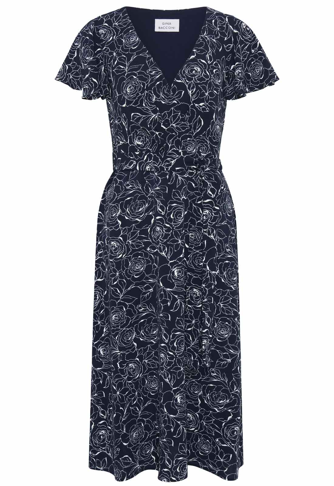 Gina Bacconi NAVY / WHITE Persia Faux Wrap Flutter Sleeve Dress - Image 5
