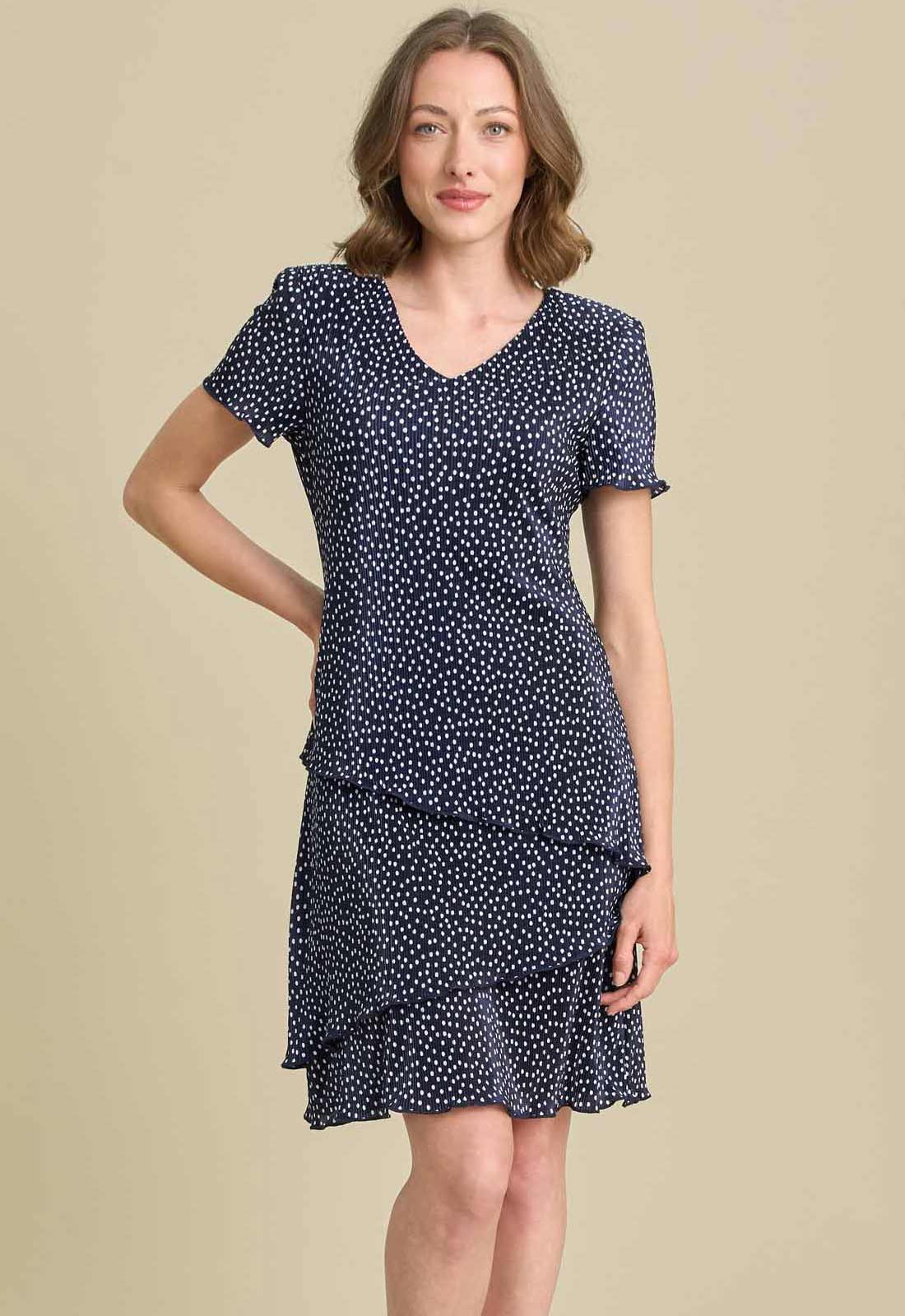 Gina Bacconi NAVY / WHITE Spot Plisse Mini Dress - Image 3