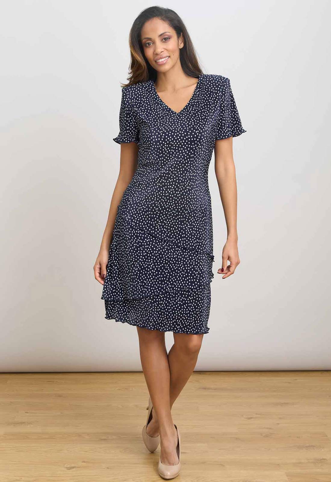 Gina Bacconi NAVY / WHITE Spot Plisse Mini Dress - Image 6