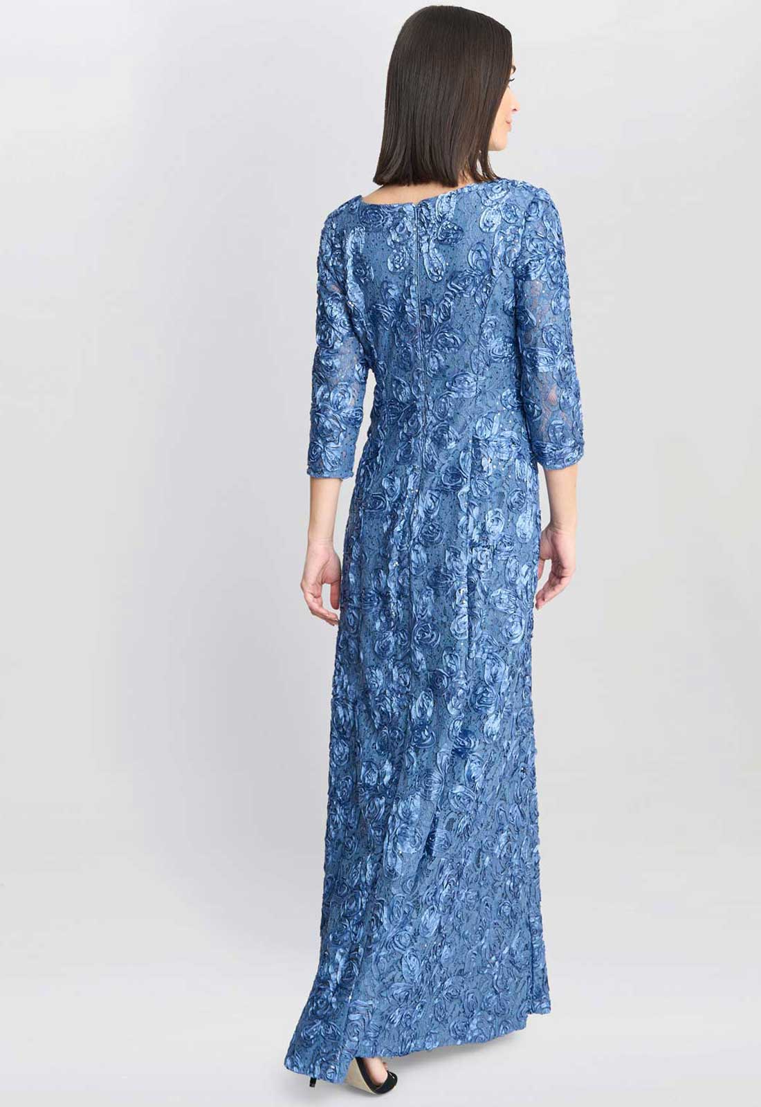 Gina Bacconi Blue Susanna Rosette Maxi Dress With 3/4 Illusion Sleeves - Image 3