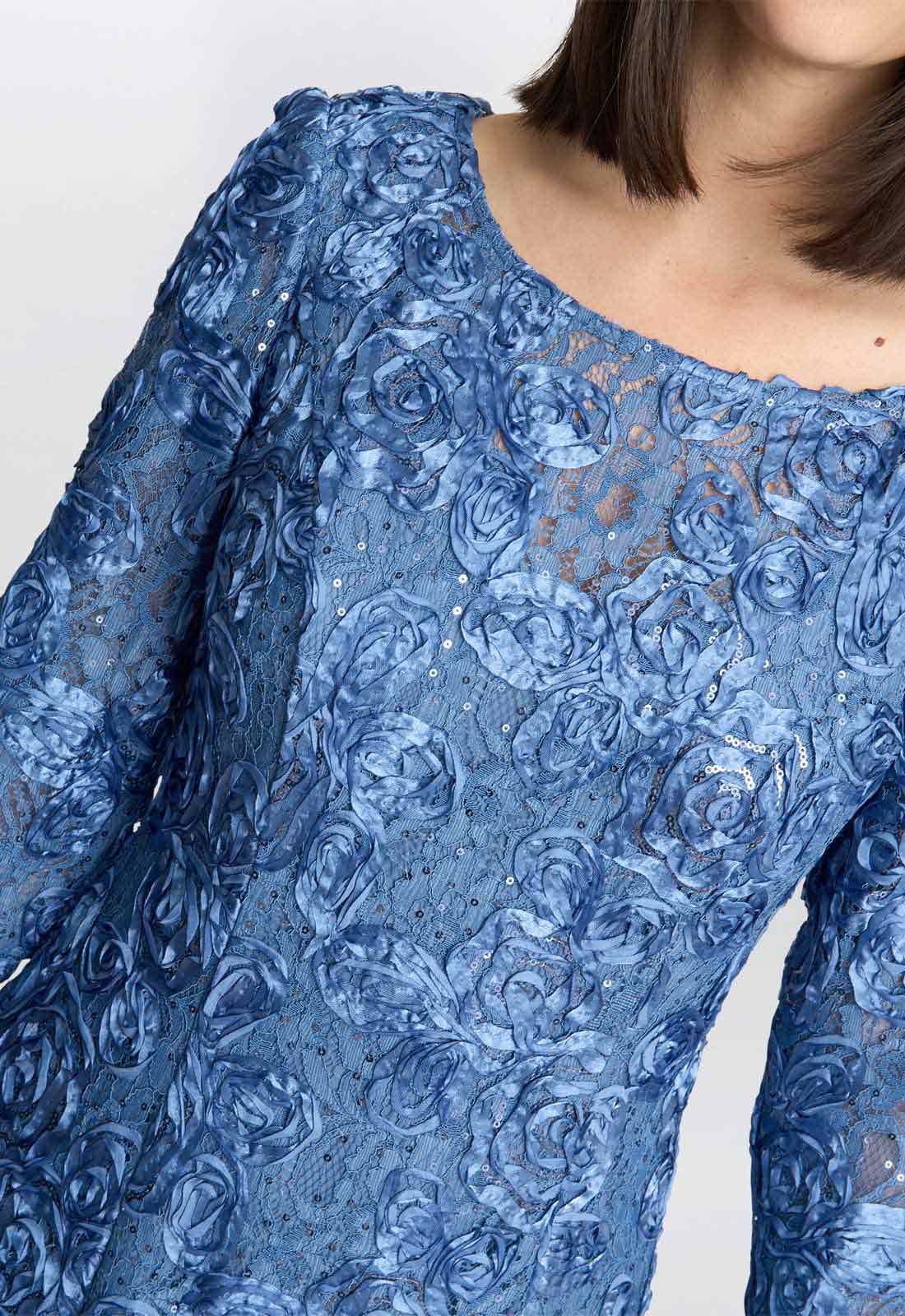 Gina Bacconi Blue Susanna Rosette Maxi Dress With 3/4 Illusion Sleeves - Image 5