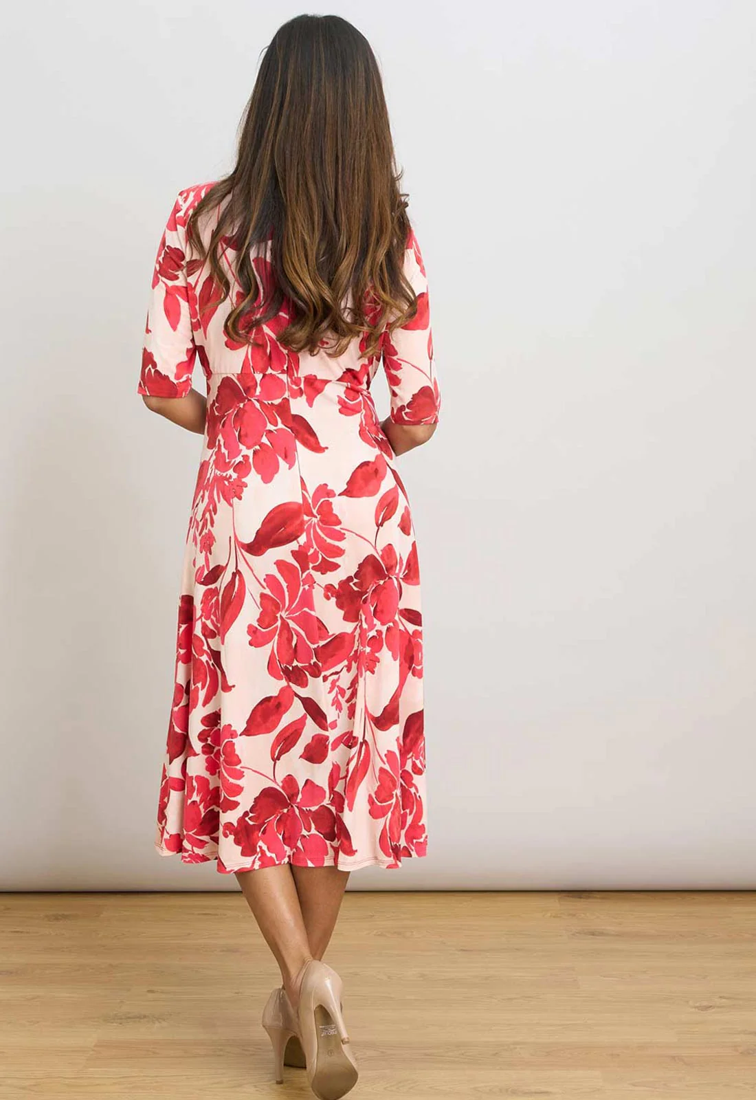 Gina Bacconi RED / WHITE Maybelle Short Sleeve Keyhole Print Midi Dress - Image 3