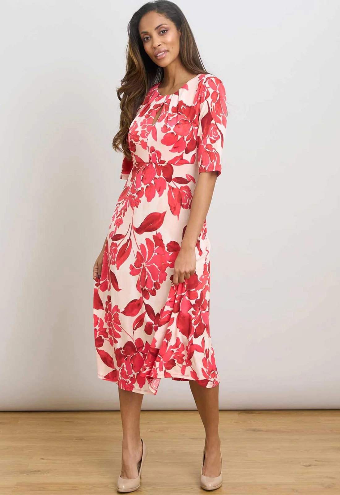 Gina Bacconi RED / WHITE Maybelle Short Sleeve Keyhole Print Midi Dress - Image 4