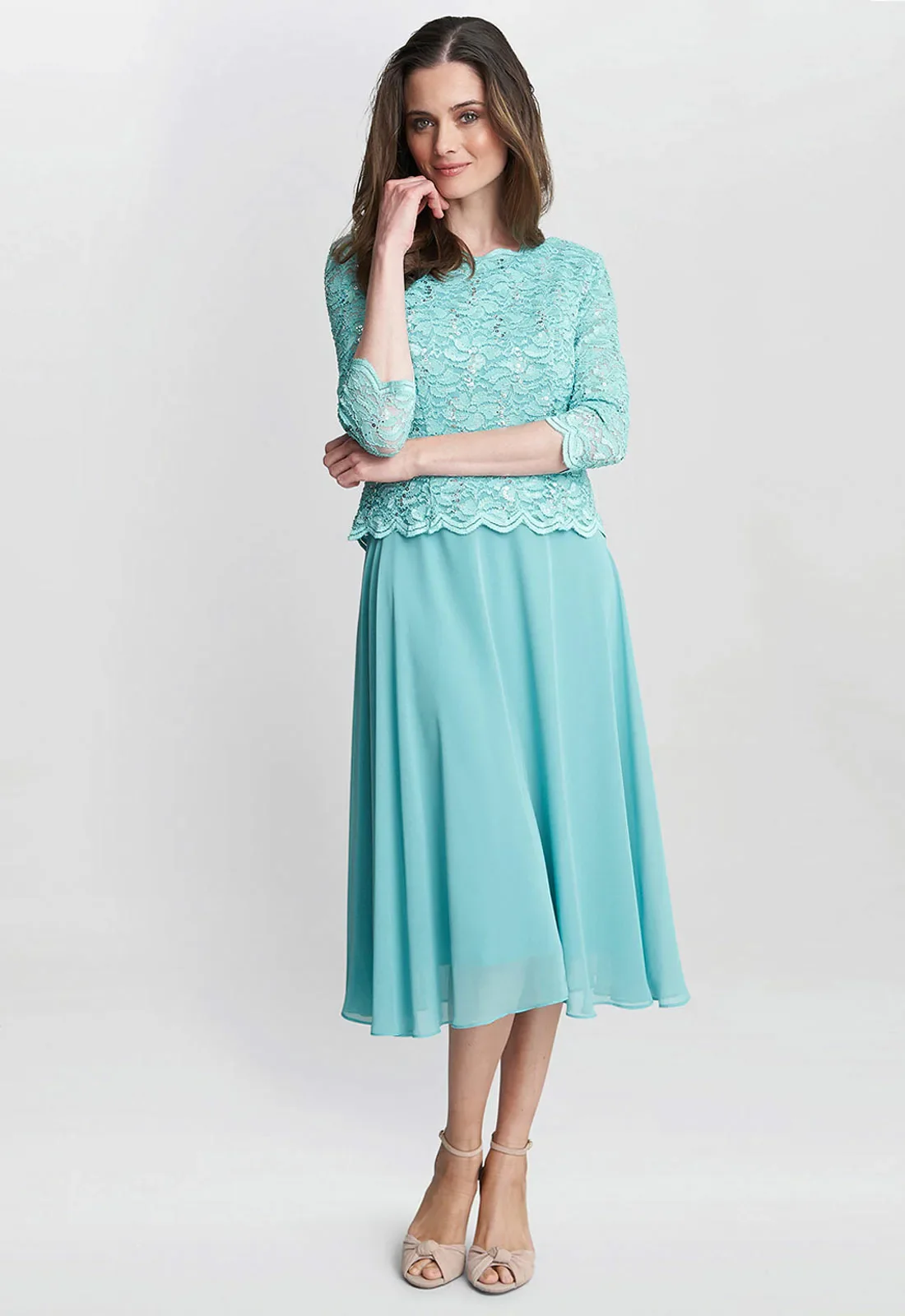 Gina Bacconi Sea Blue Rona Midi Dress With Lace Bodice & Chiffon Skirt - Image 3