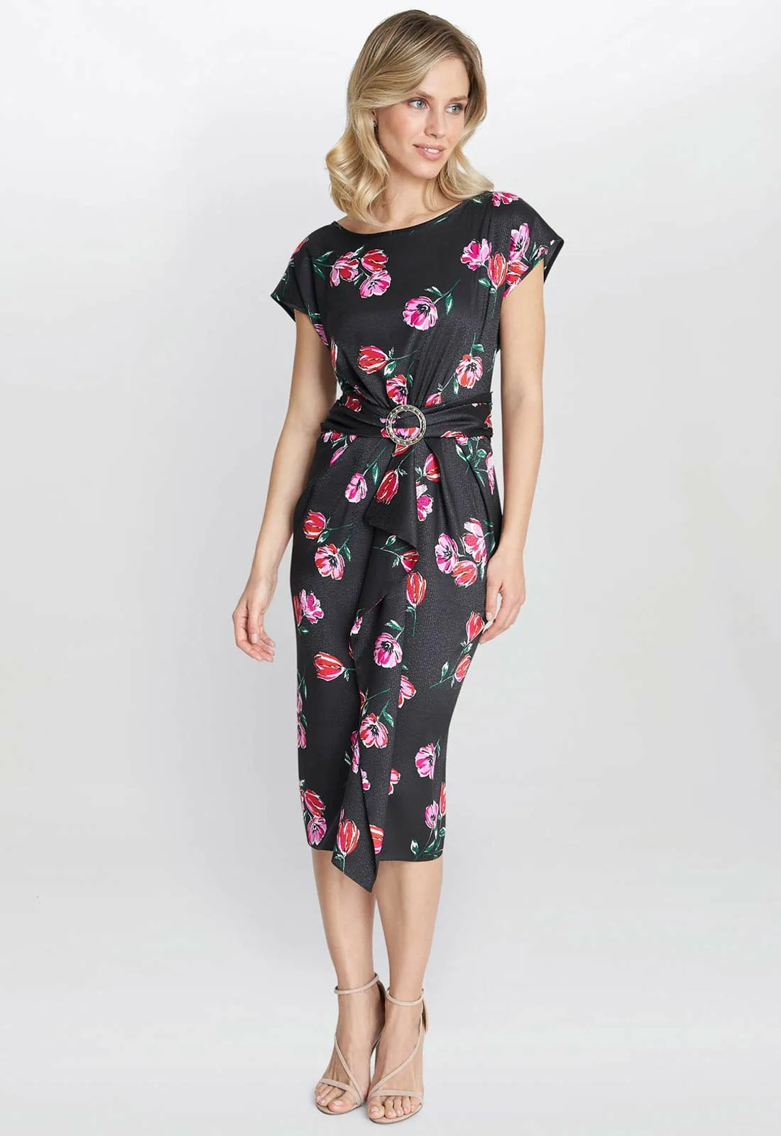 Gina Bacconi Saffron Floral Print Satin Dress With Buckle - Image 5