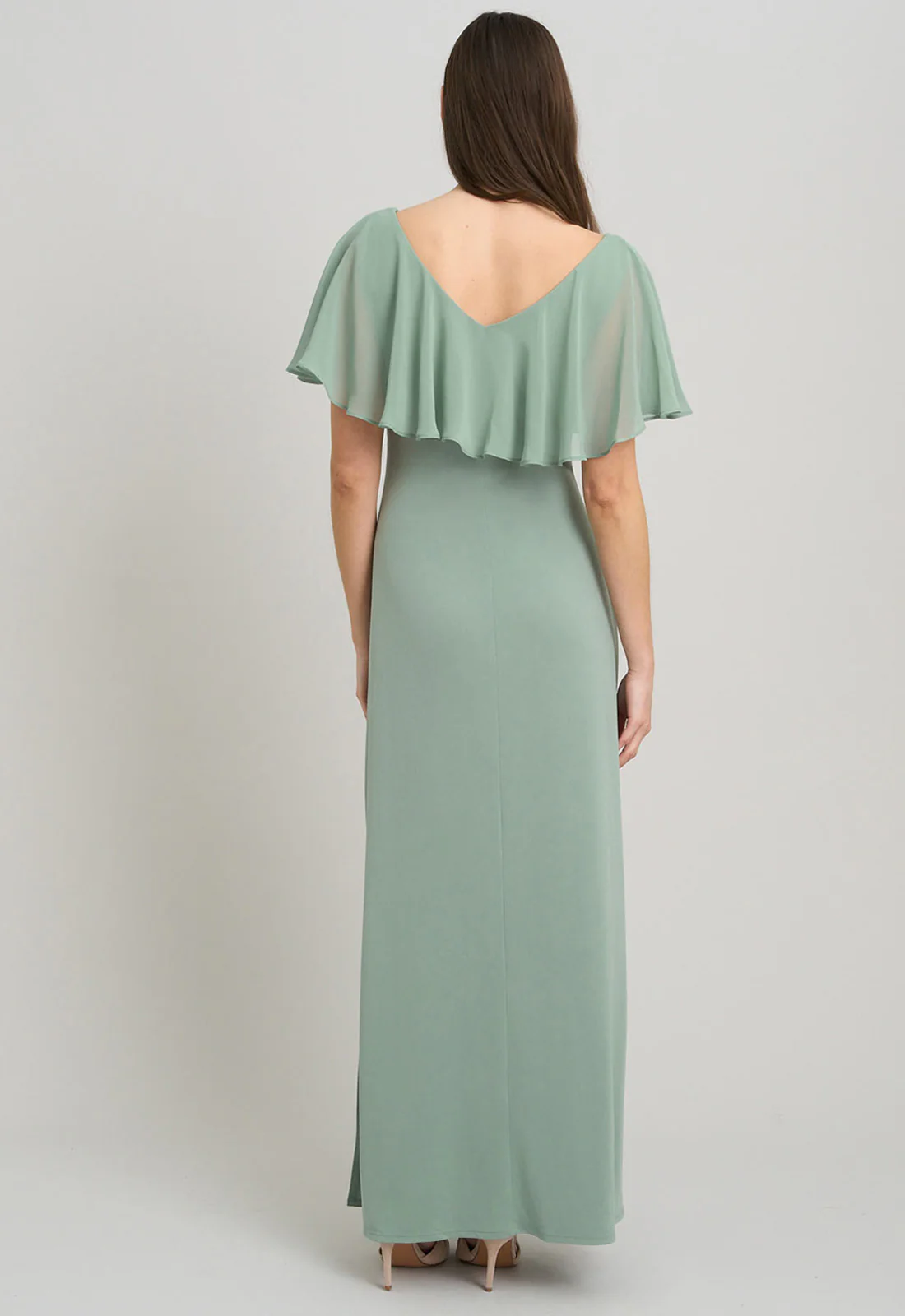 Gina Bacconi Sage Peaches V Neck Chiffon Frill Maxi Dress - Image 2