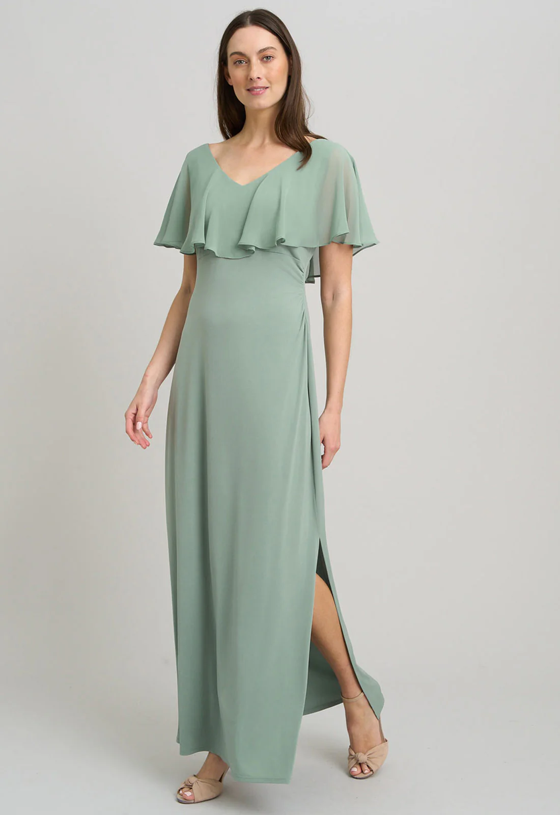 Gina Bacconi Sage Peaches V Neck Chiffon Frill Maxi Dress - Image 3