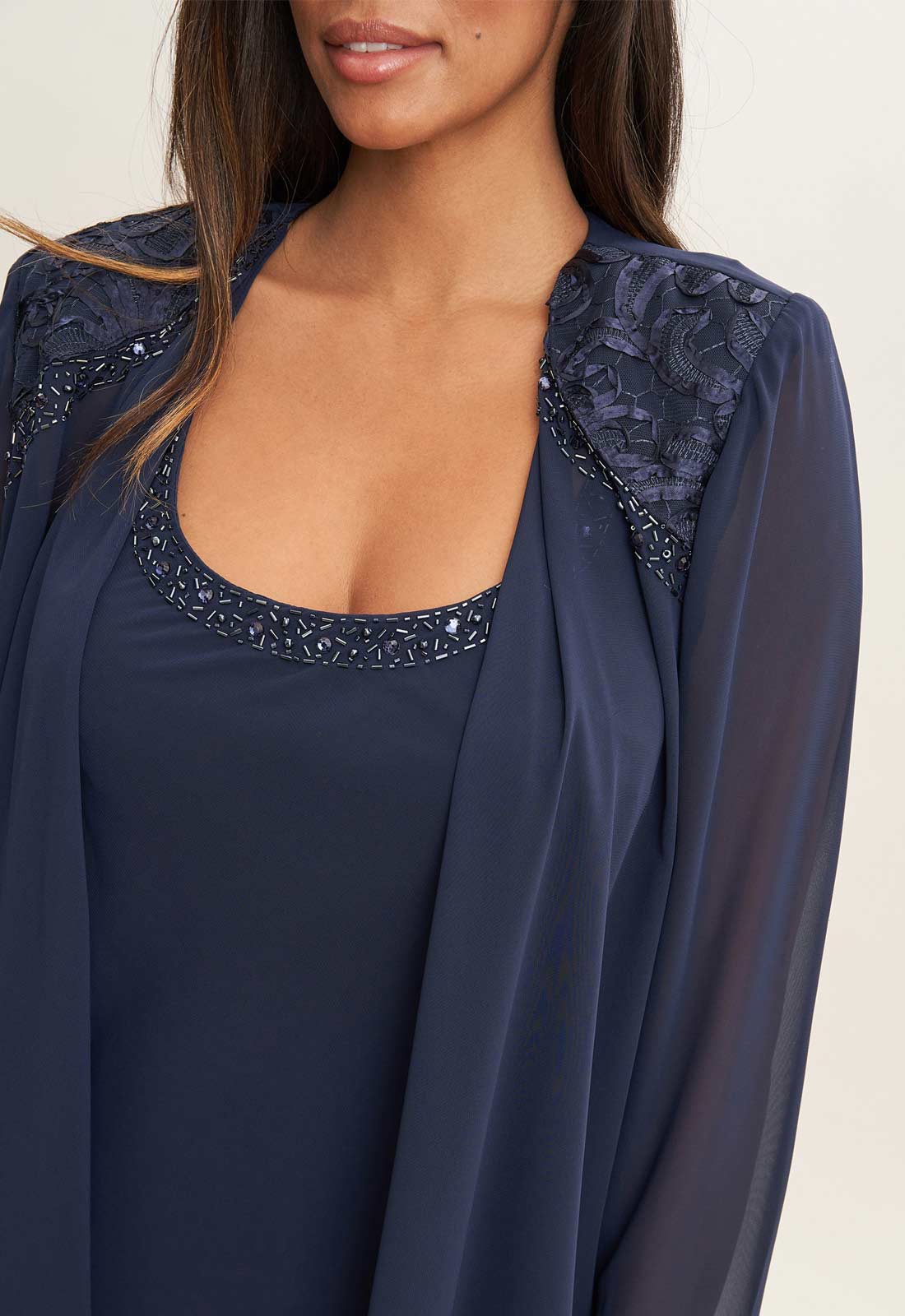Gina Bacconi Spring Navy Camira Lace Shoulder Bead Tier Jacket Dress - Image 3