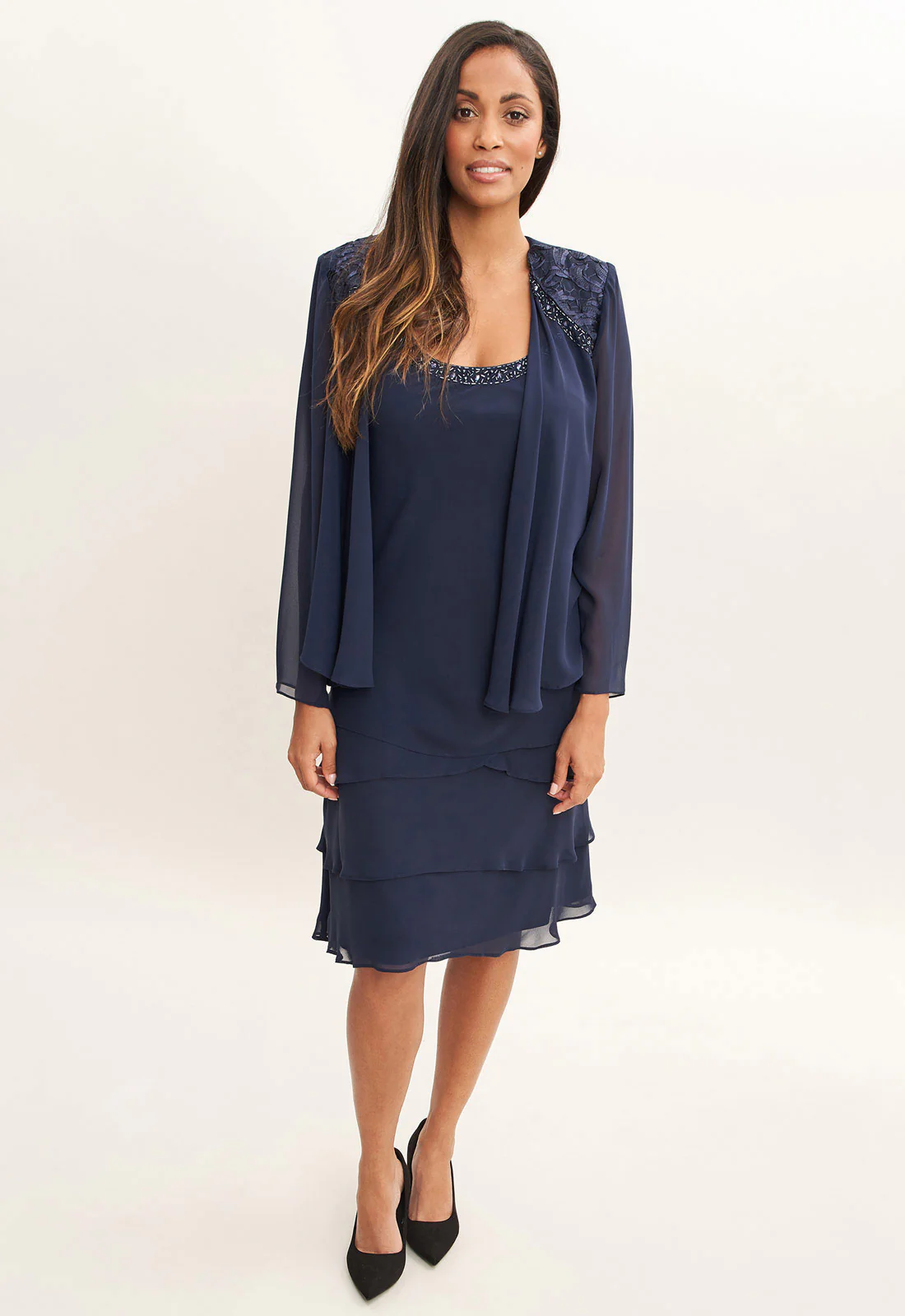 Gina Bacconi Spring Navy Camira Lace Shoulder Bead Tier Jacket Dress - Image 4