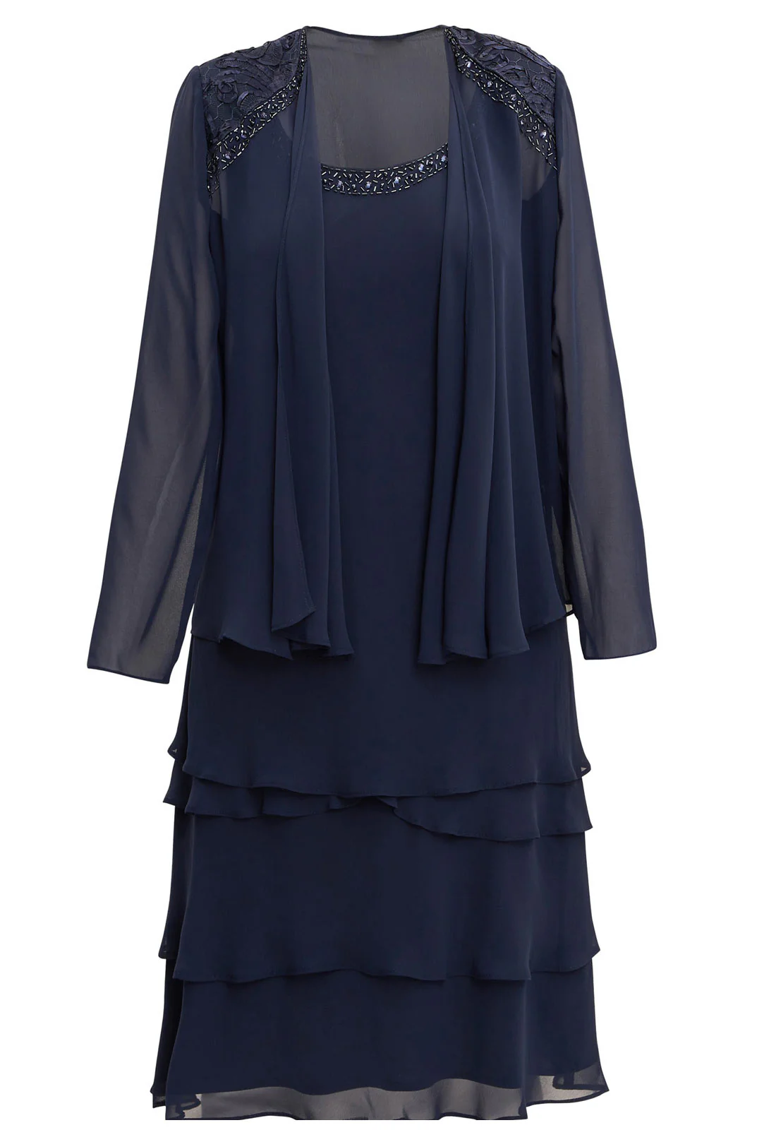 Gina Bacconi Spring Navy Camira Lace Shoulder Bead Tier Jacket Dress - Image 5