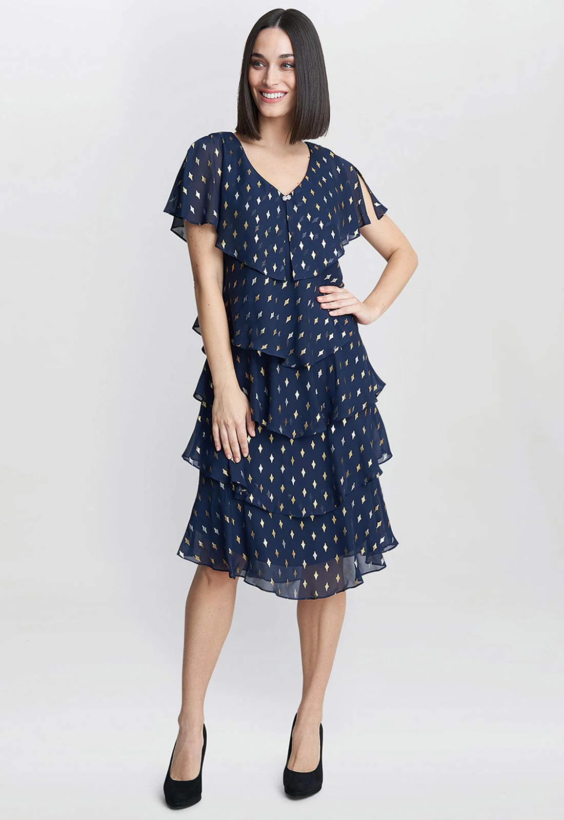 Gina Bacconi Navy Sybil Foil Print Tier Dress - Image 3