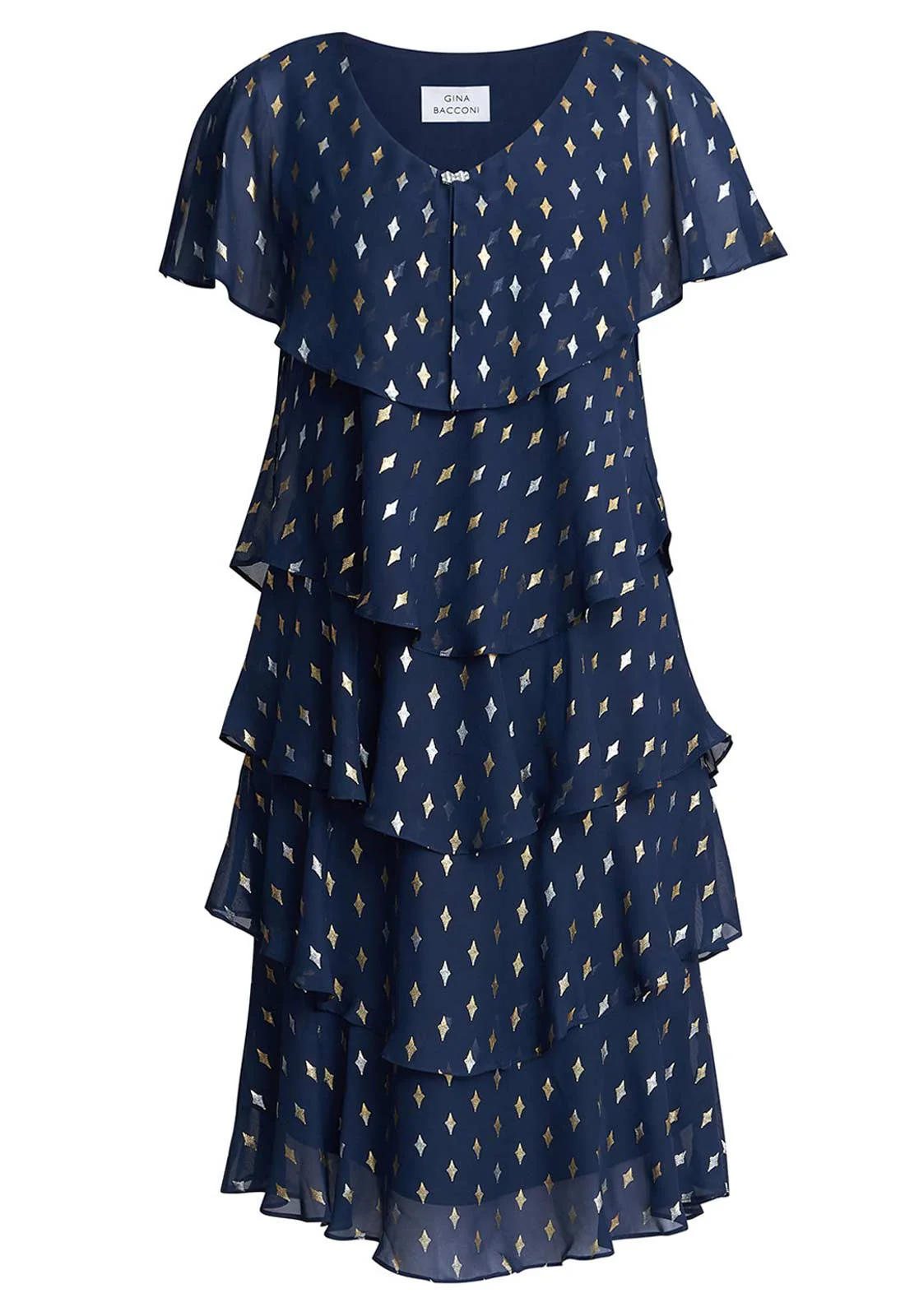 Gina Bacconi Navy Sybil Foil Print Tier Dress - Image 4