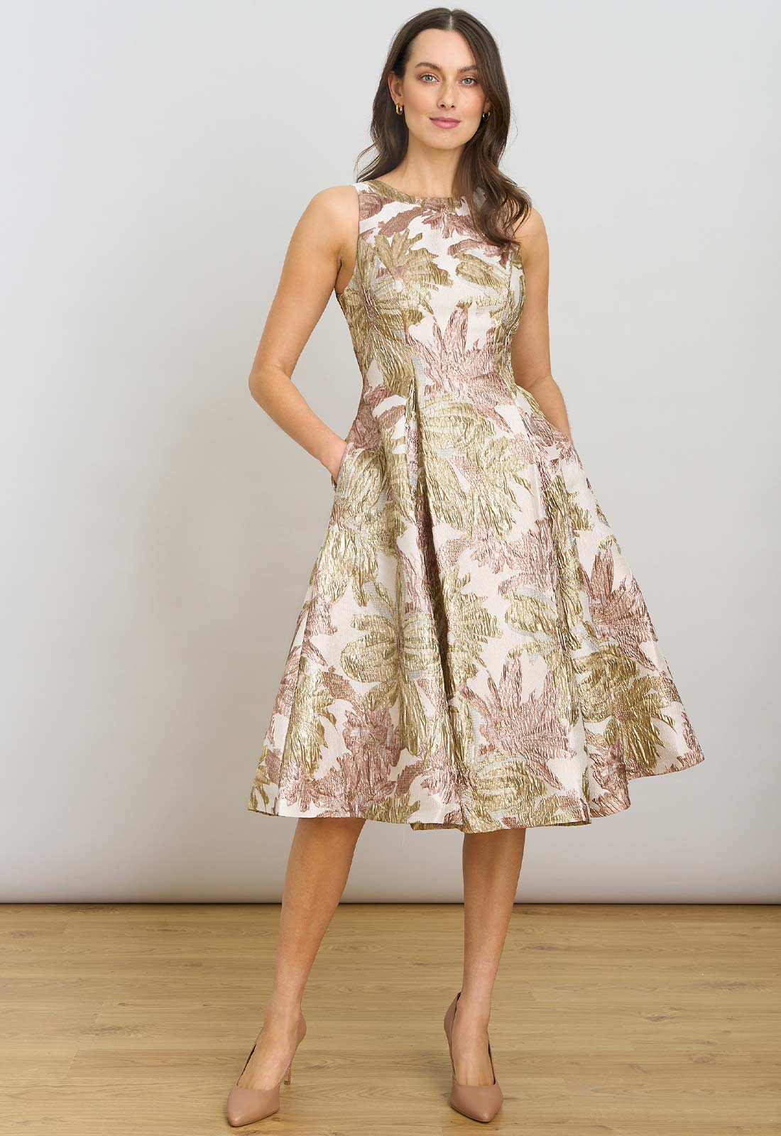 Gina Bacconi Taupe Alexandra Printed Jacuard Dress - Image 6