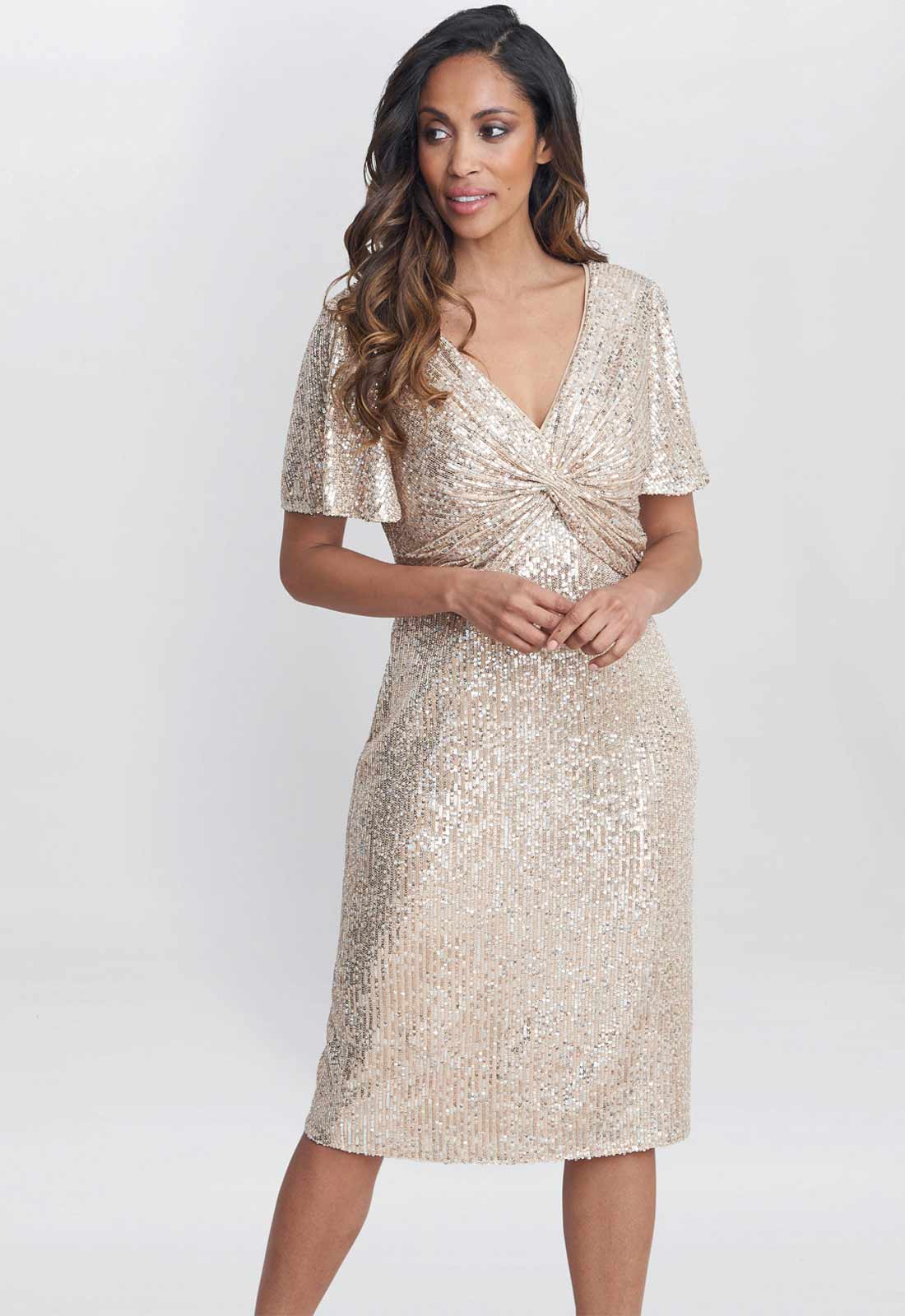 Gina Bacconi Taupe Krista V Neck Twist Sequin Dress - Image 2