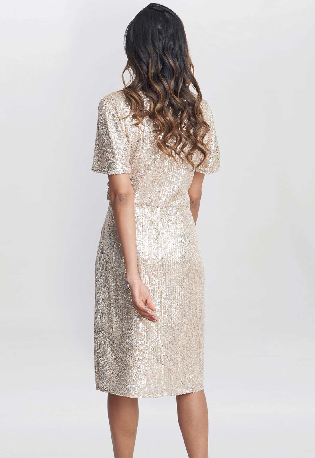 Gina Bacconi Taupe Krista V Neck Twist Sequin Dress - Image 4