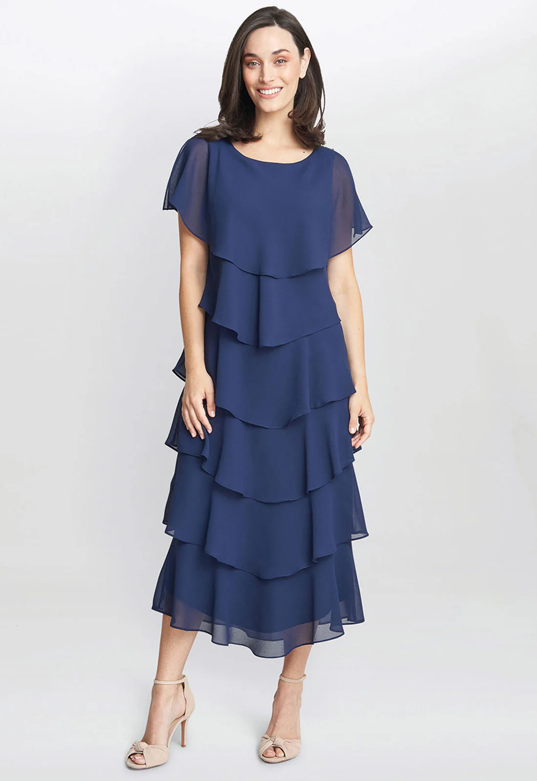 Gina Bacconi Navy Tessa Midi Tiered Dress