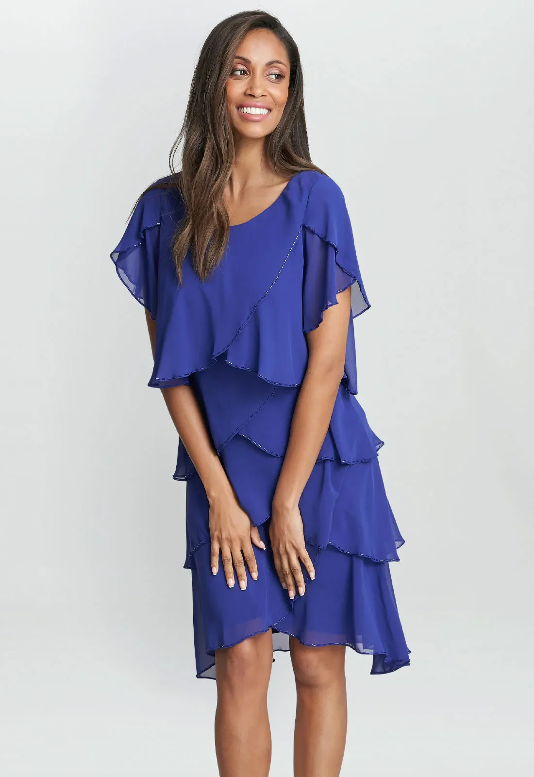 Gina Bacconi Trysta Bugle Beaded Trim Tiered Cocktail Dress With Flitter Sleeves