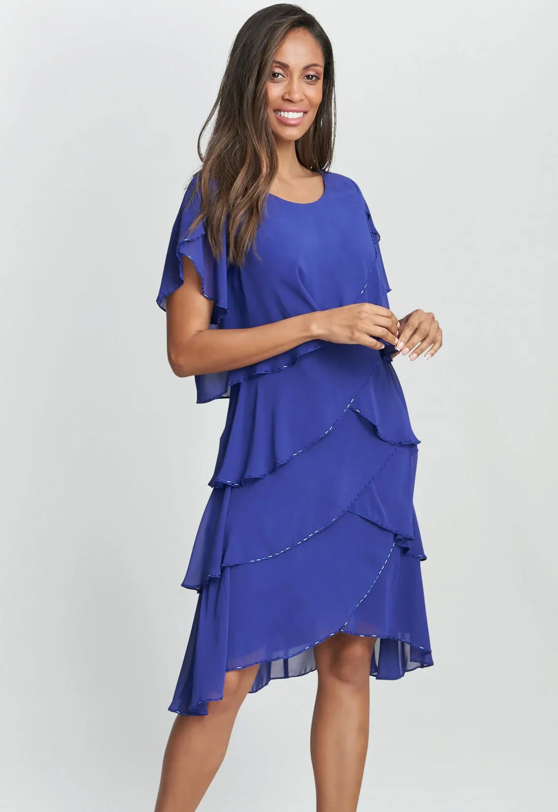 Gina Bacconi Trysta Bugle Beaded Trim Tiered Cocktail Dress With Flitter Sleeves - Image 4