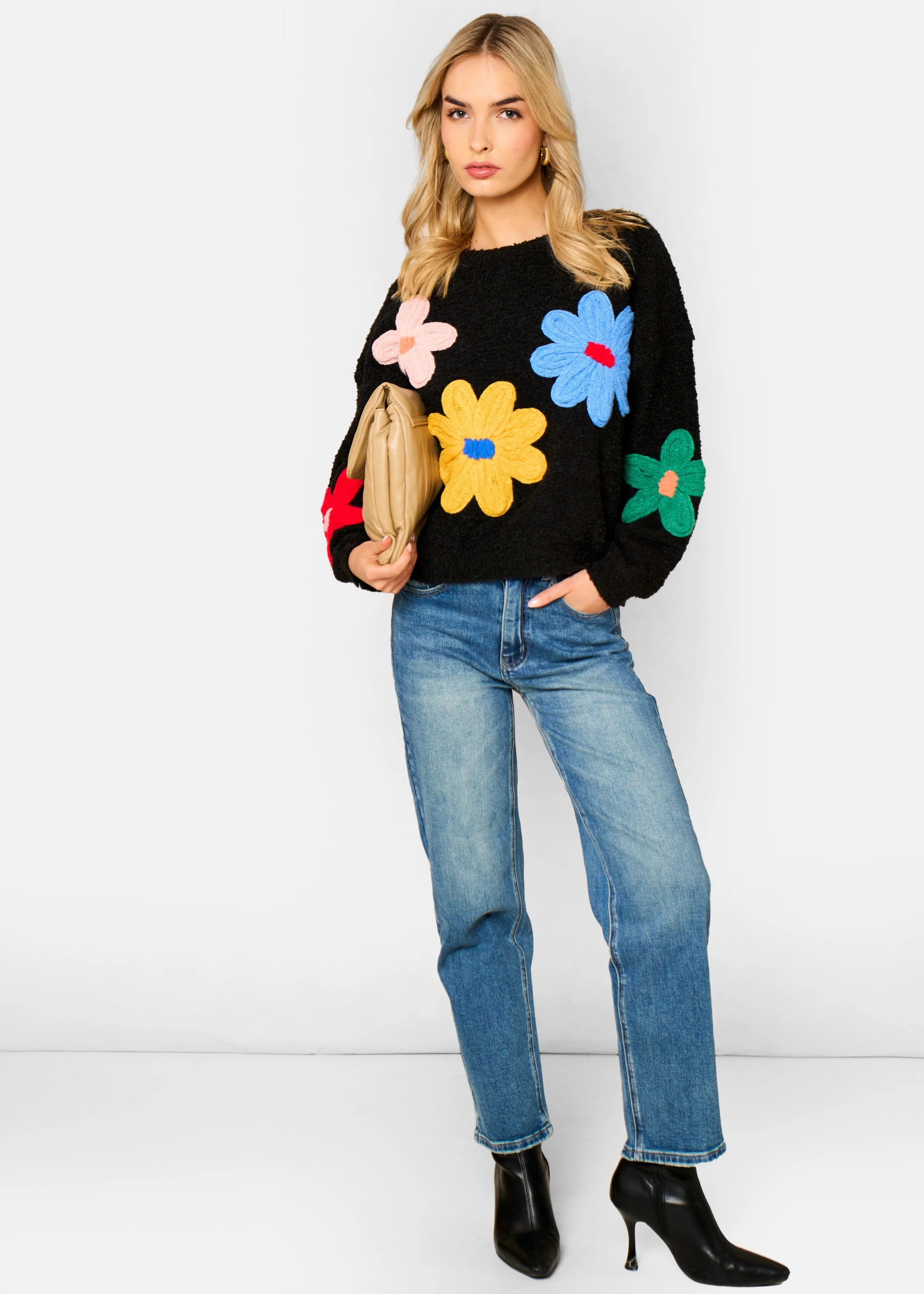 Gini London Black 3D Flower Crochet Knitted Jumper - Image 2