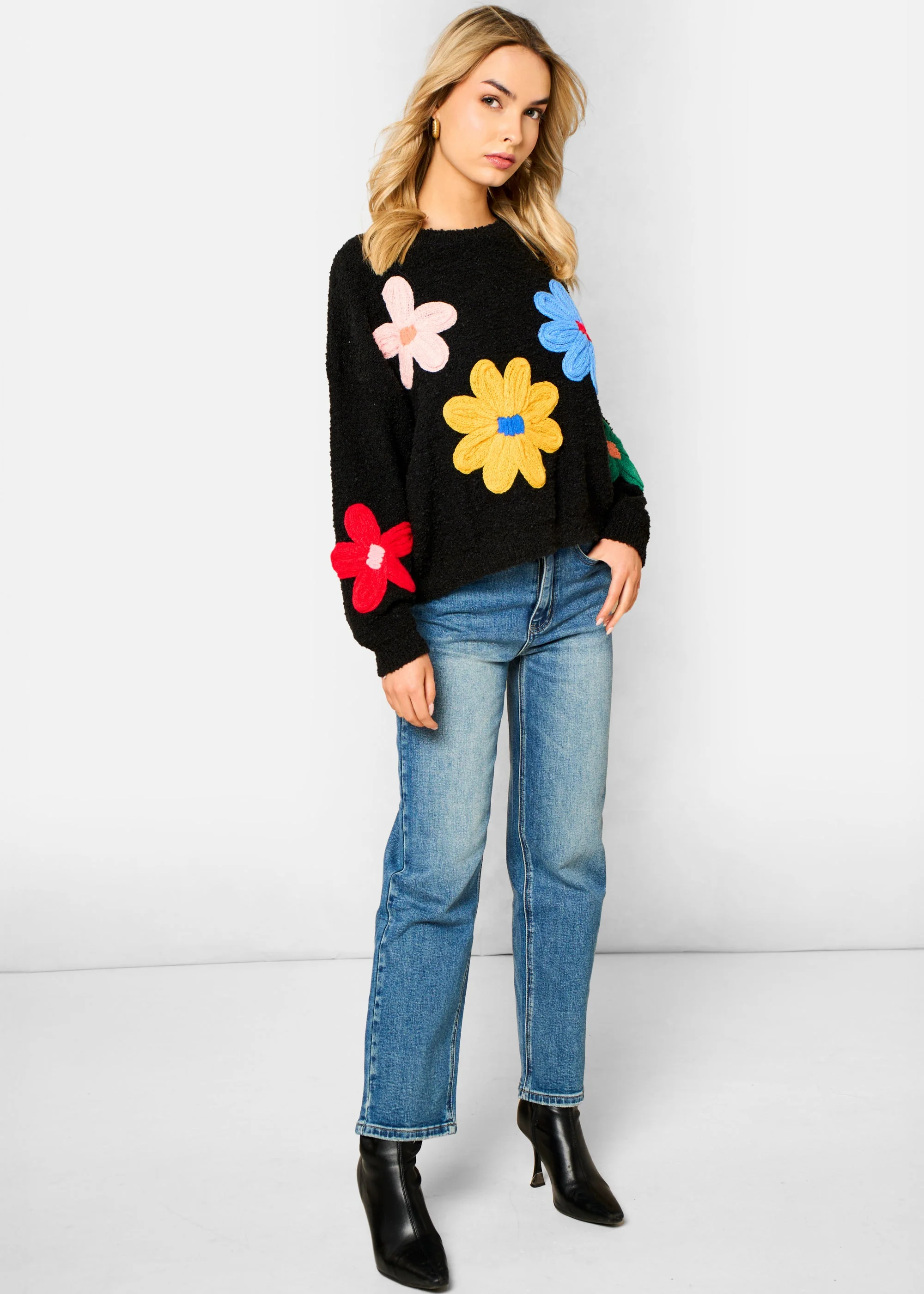 Gini London Black 3D Flower Crochet Knitted Jumper - Image 3